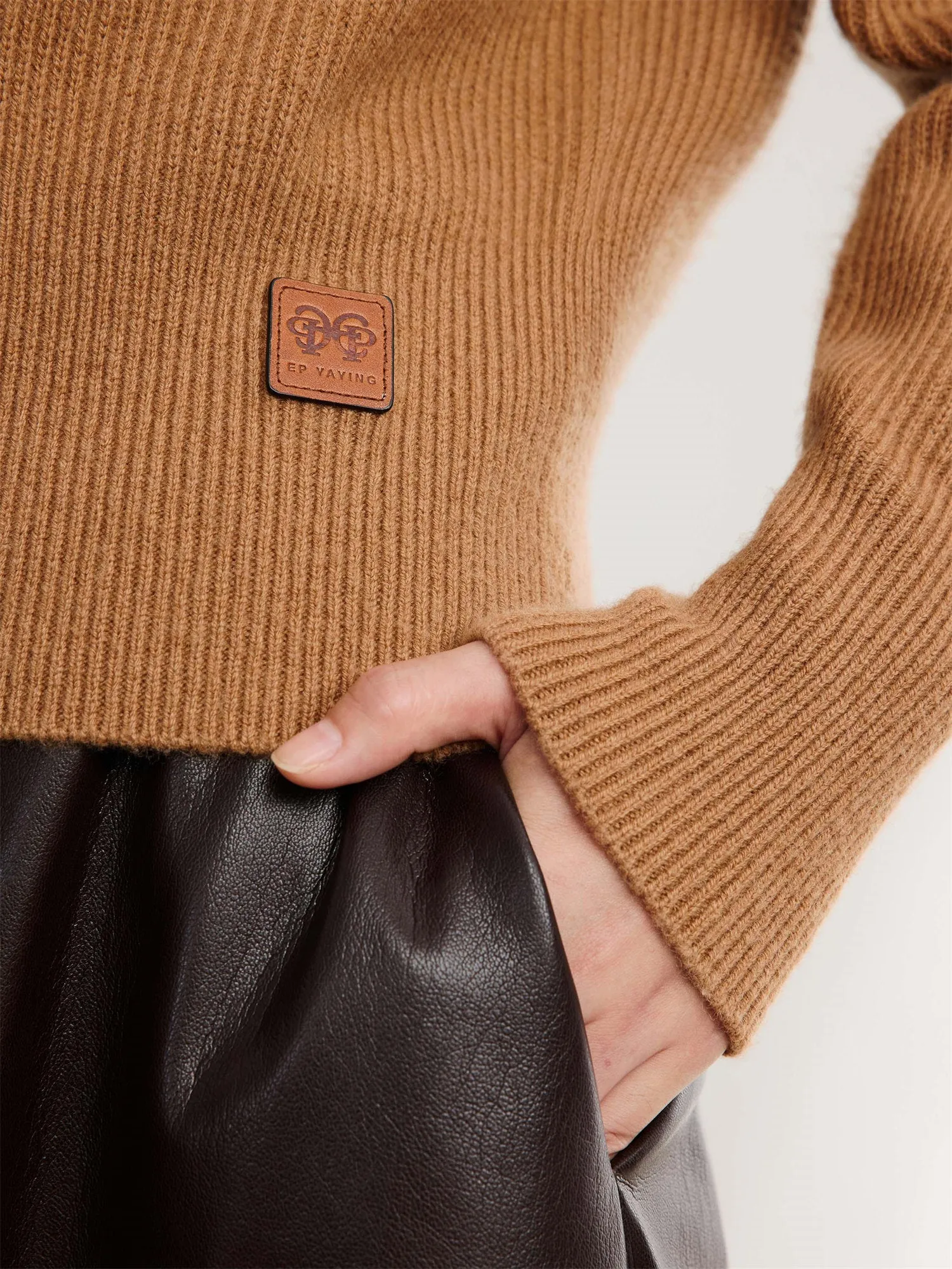 EP YAYING Cashmere Leather Collar Knitted Sweater