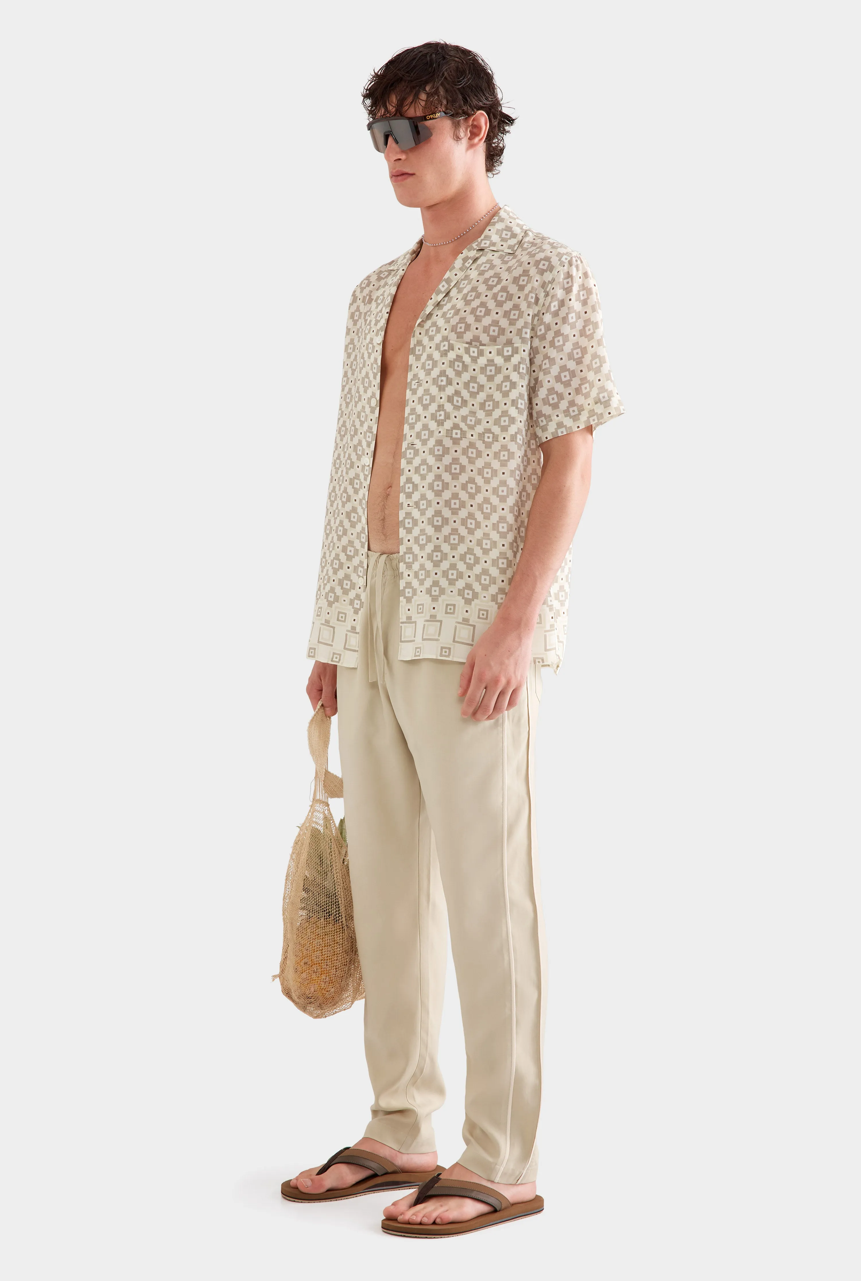Flat Hem Short Sleeve Silk Camp Collar -  Beige Geo