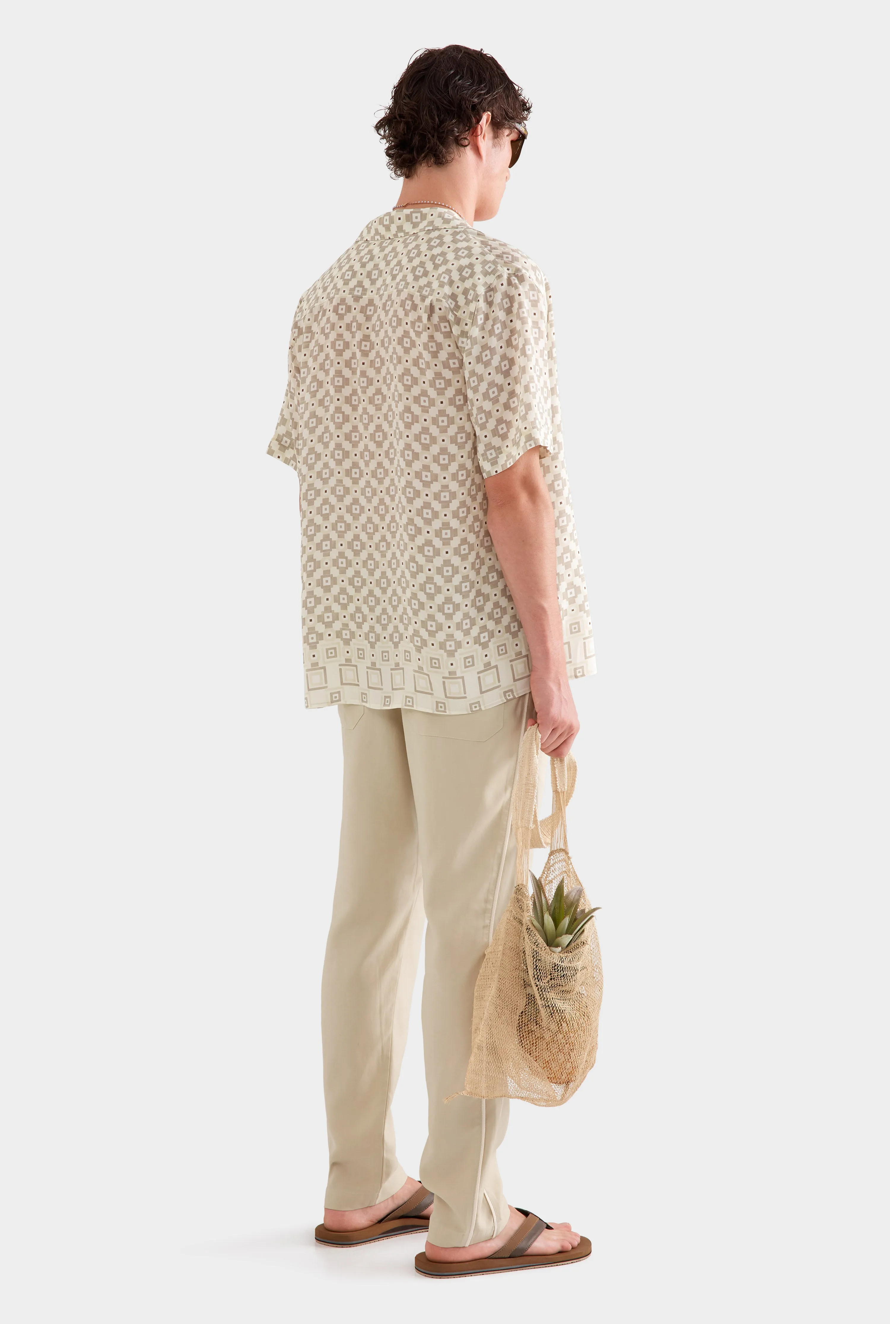 Flat Hem Short Sleeve Silk Camp Collar -  Beige Geo