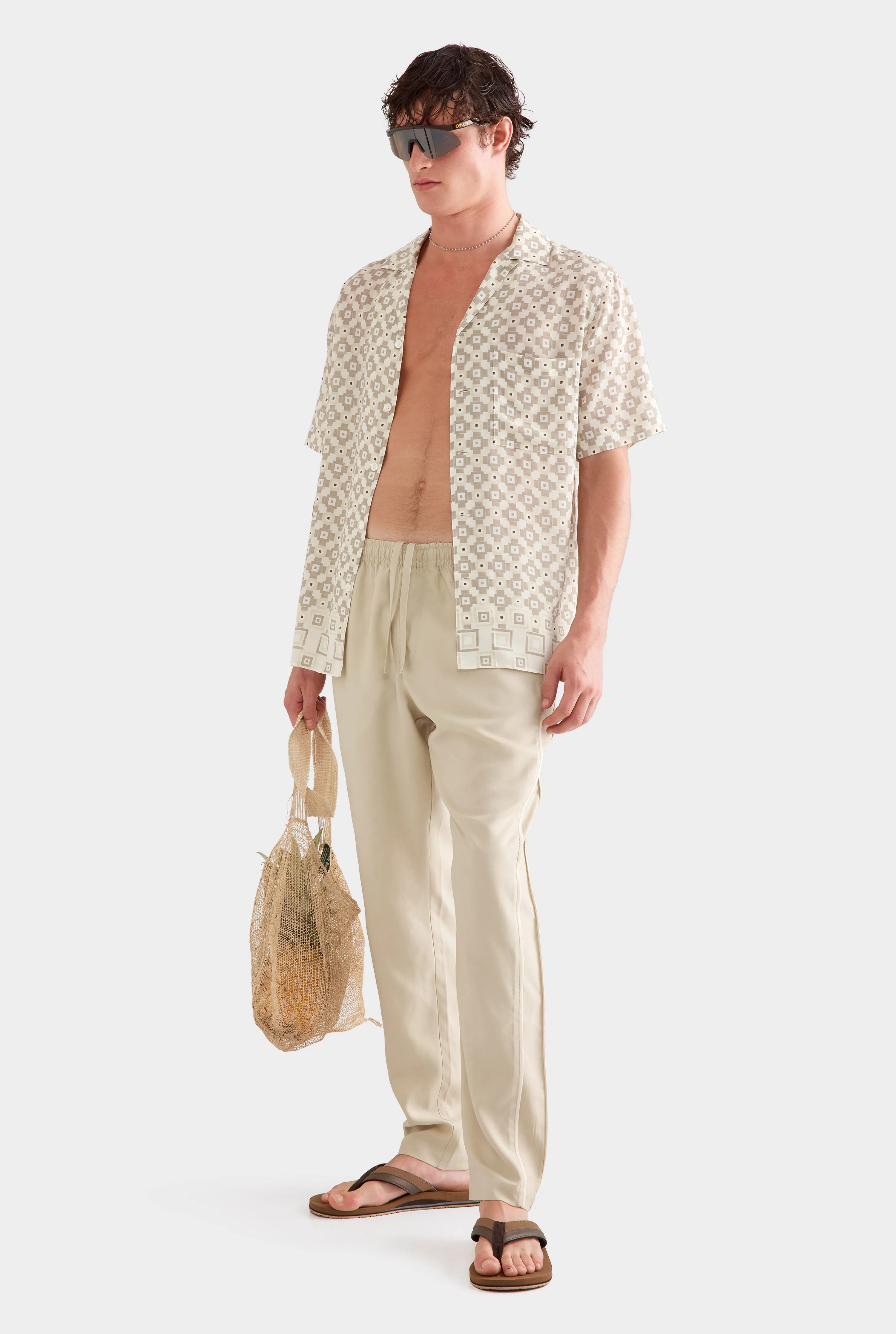 Flat Hem Short Sleeve Silk Camp Collar -  Beige Geo