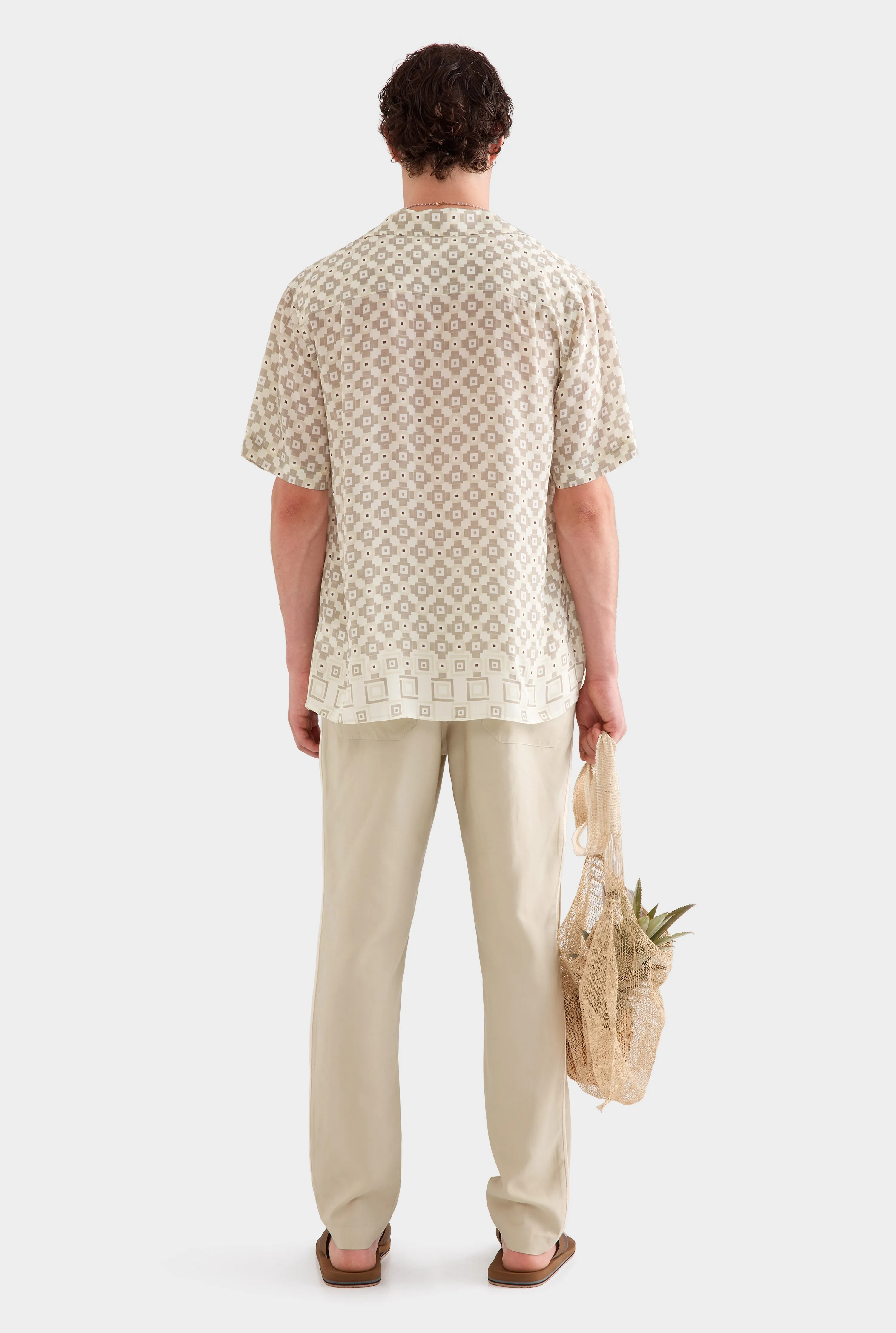 Flat Hem Short Sleeve Silk Camp Collar -  Beige Geo