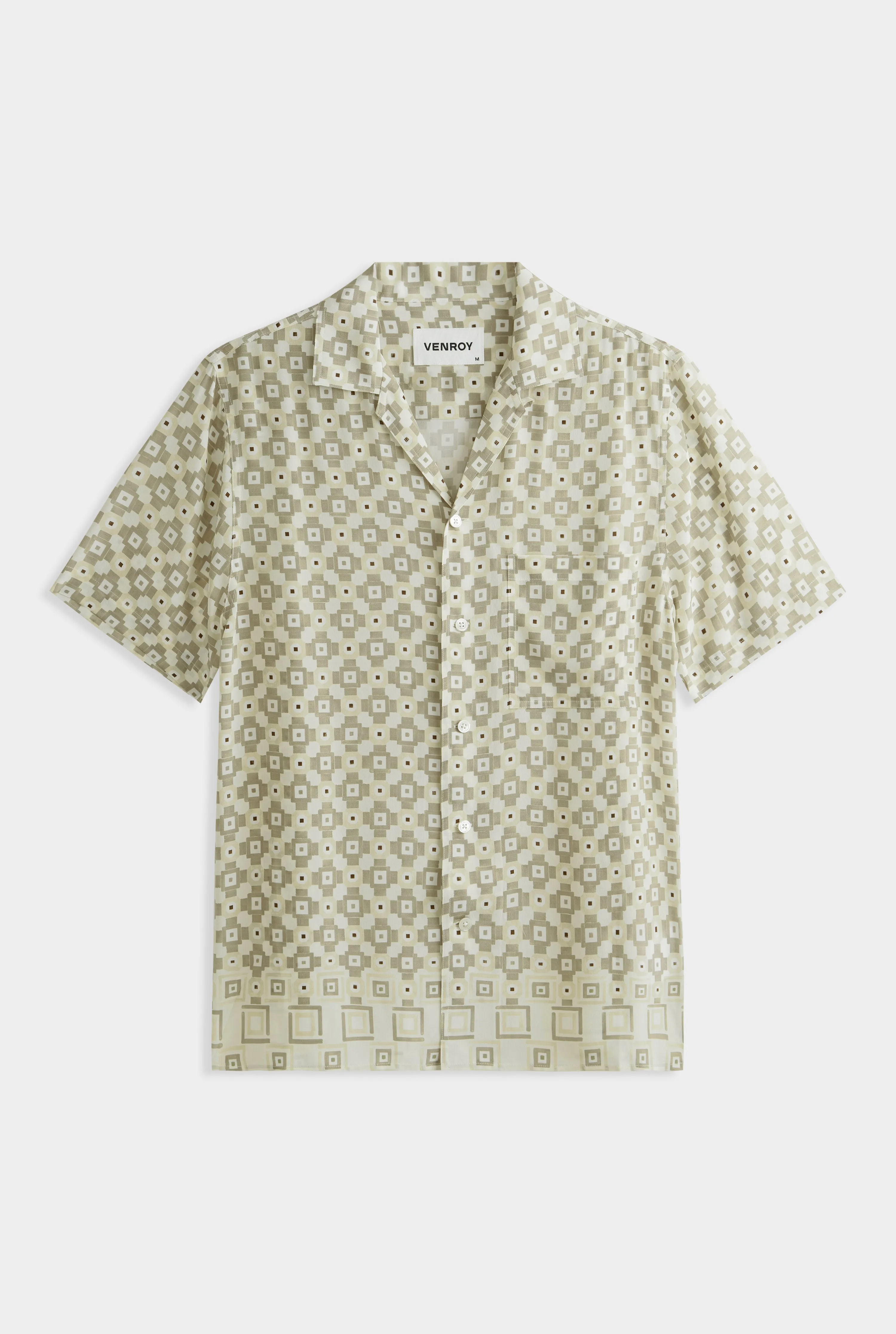Flat Hem Short Sleeve Silk Camp Collar -  Beige Geo