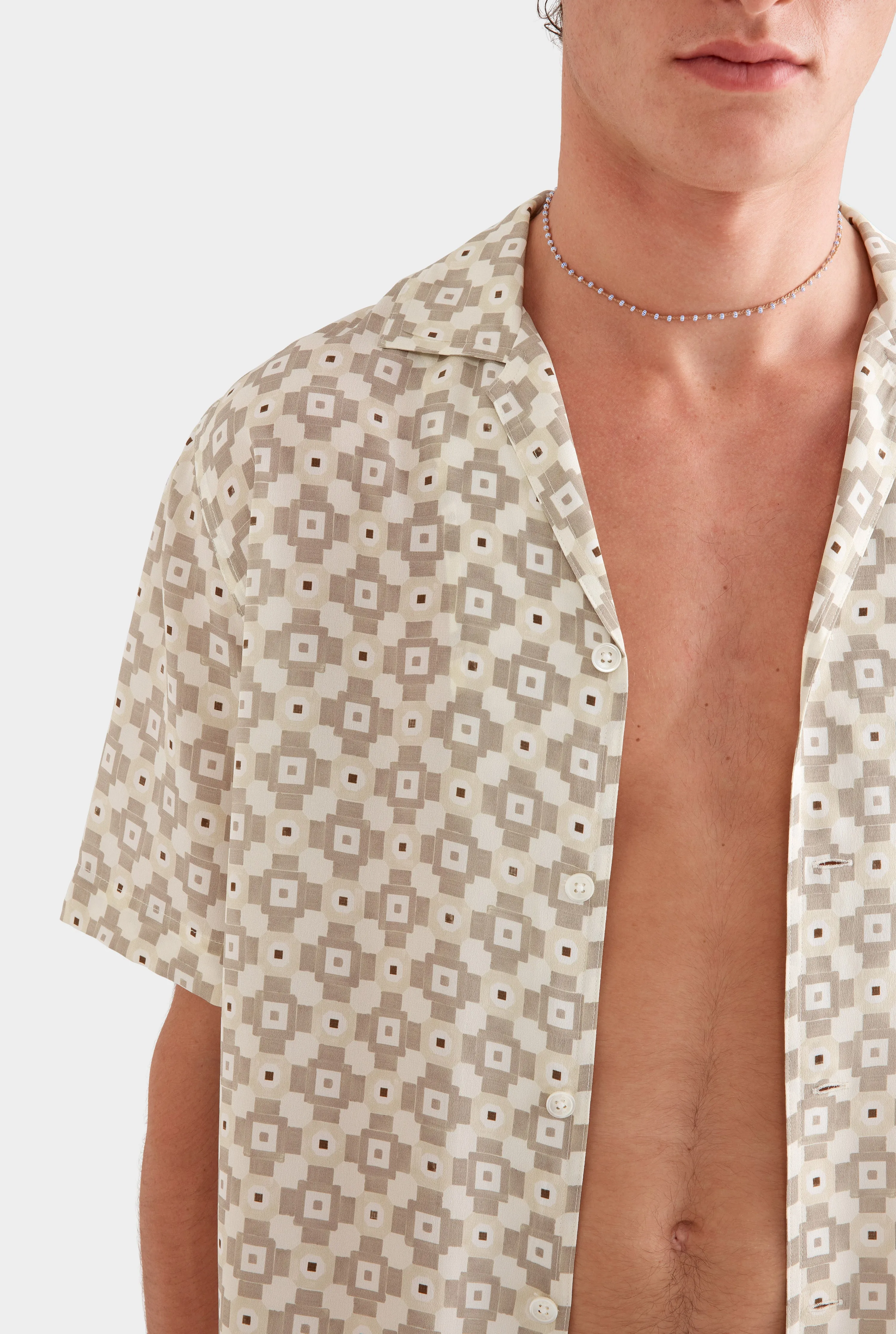 Flat Hem Short Sleeve Silk Camp Collar -  Beige Geo