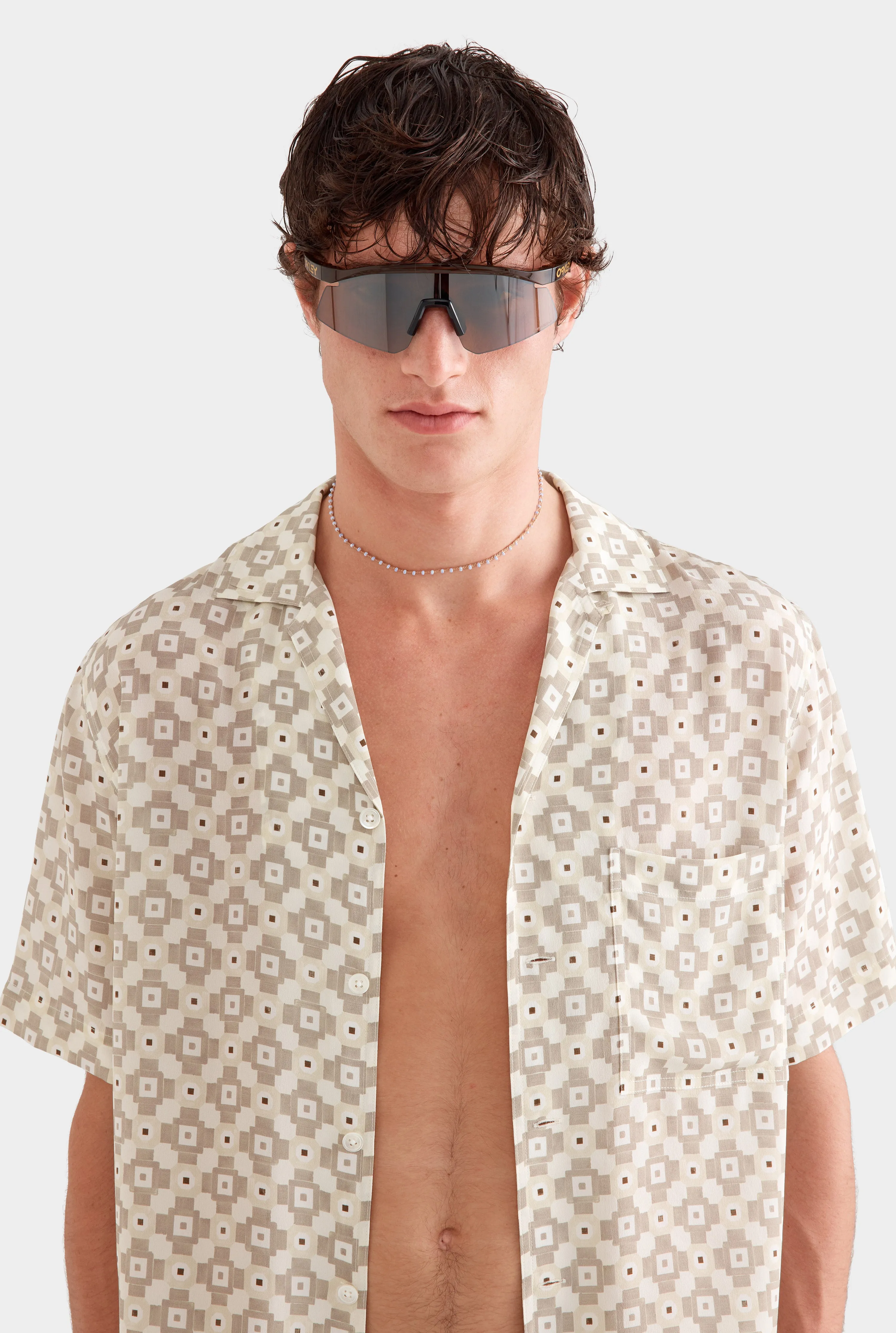 Flat Hem Short Sleeve Silk Camp Collar -  Beige Geo