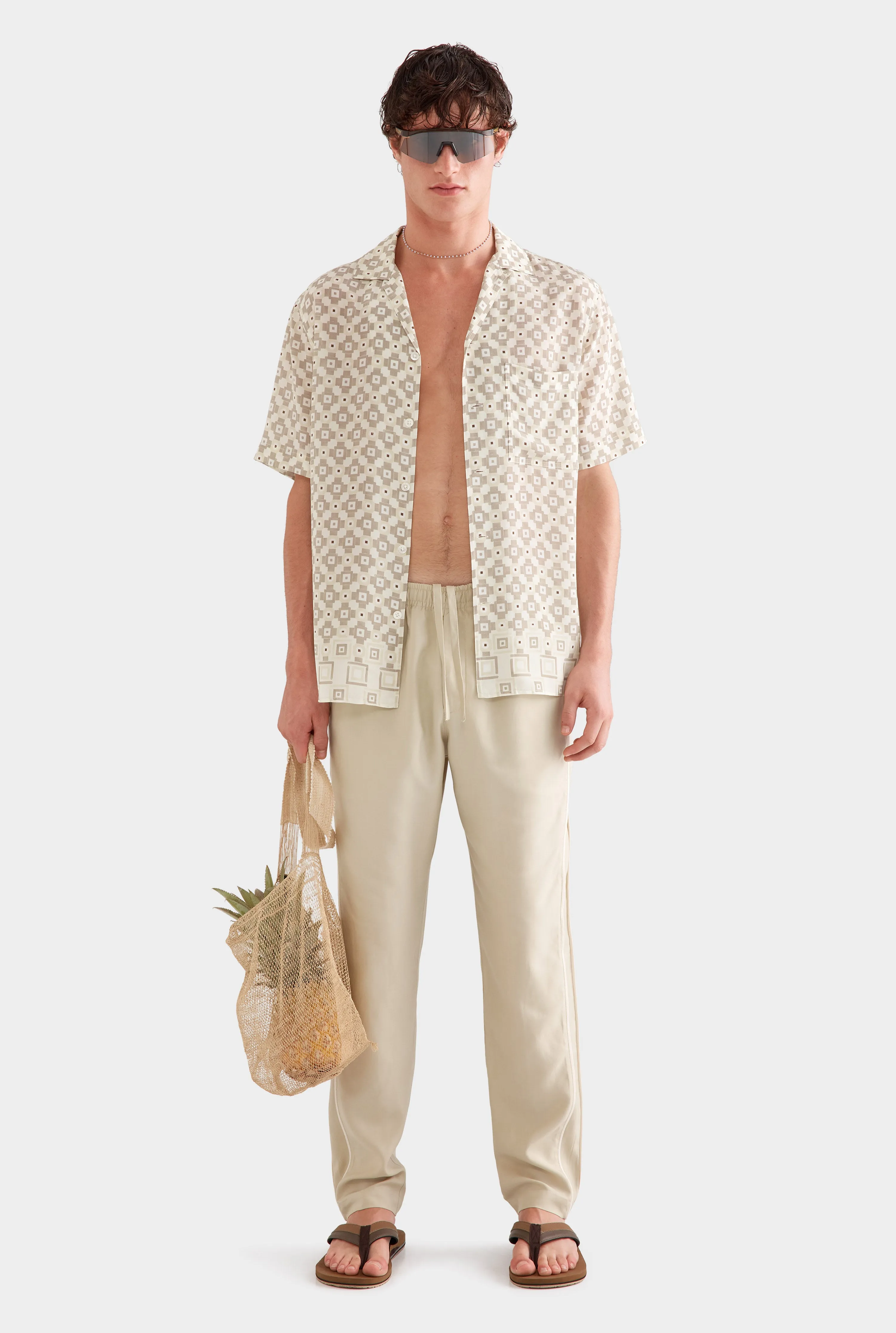 Flat Hem Short Sleeve Silk Camp Collar -  Beige Geo