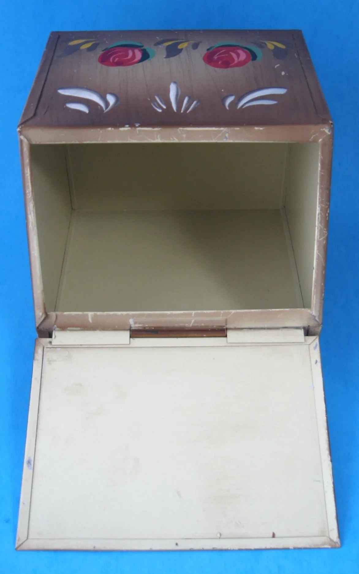 Folk Art Hand Painted 1930s Tole Tea Tin Tea Bin Tin Canister Tin Kitchenalia Storage Tin