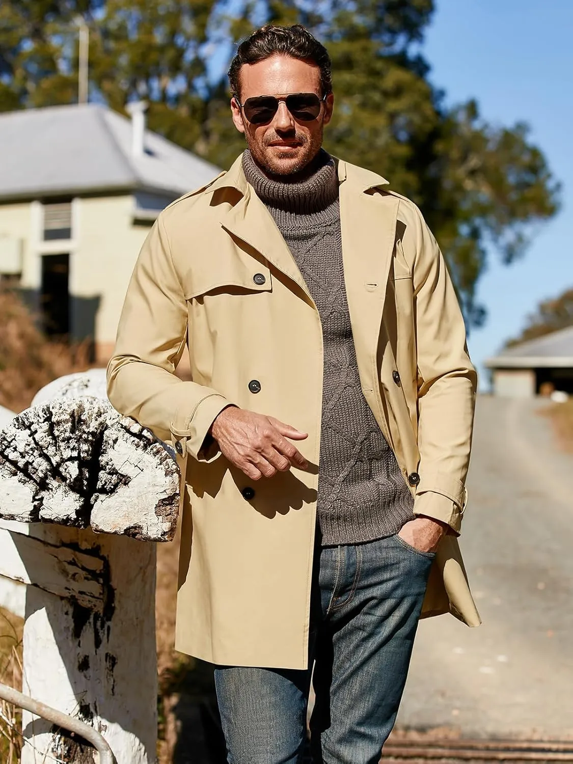 Gafeng Men's Trench Coat Slim fit Double Breasted Belted Windbreaker Lapel Long Jacket Casual Windproof Overcoat