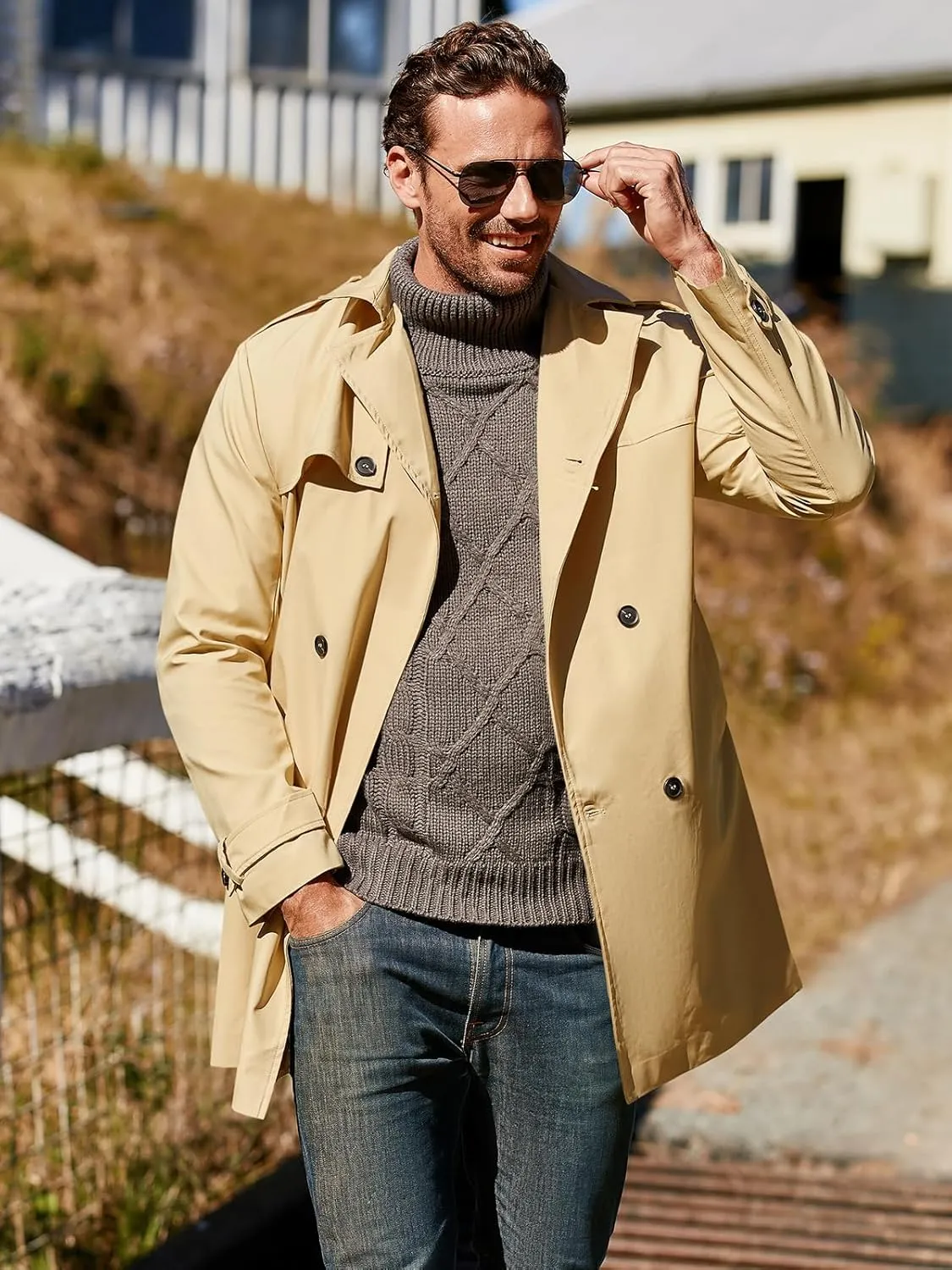 Gafeng Men's Trench Coat Slim fit Double Breasted Belted Windbreaker Lapel Long Jacket Casual Windproof Overcoat