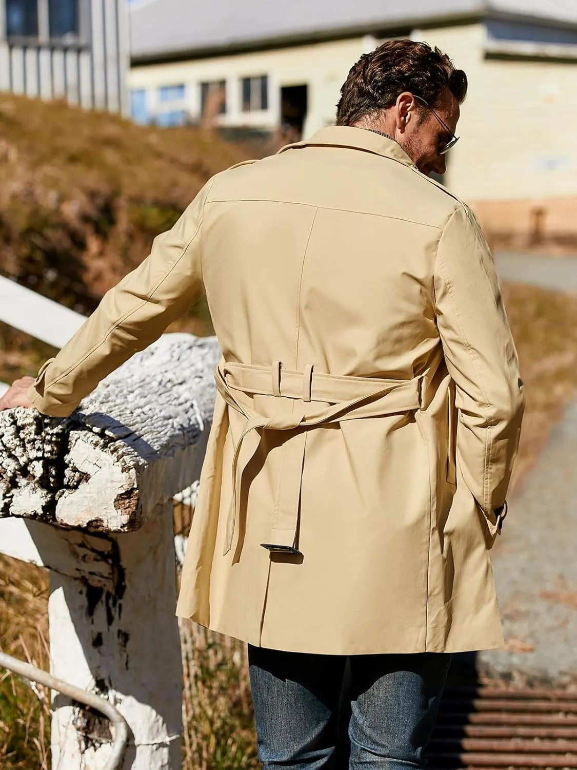 Gafeng Men's Trench Coat Slim fit Double Breasted Belted Windbreaker Lapel Long Jacket Casual Windproof Overcoat