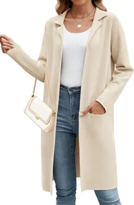 Genhoo Womens Long Cardigan Sweaters Knit Open Front Coatigan Lapel Knee Length Cardigan Coat with Pockets