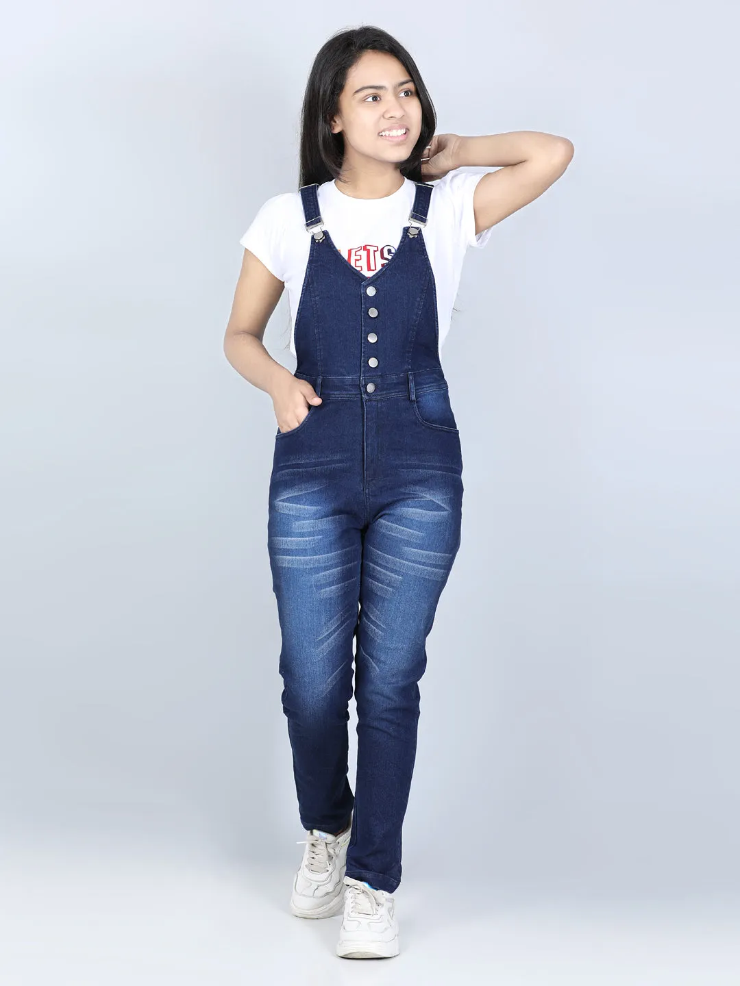 Girl's  Navy Denim Dungaree With Front Buttons ( T Shirt Not Provided) - StyleStone Kid