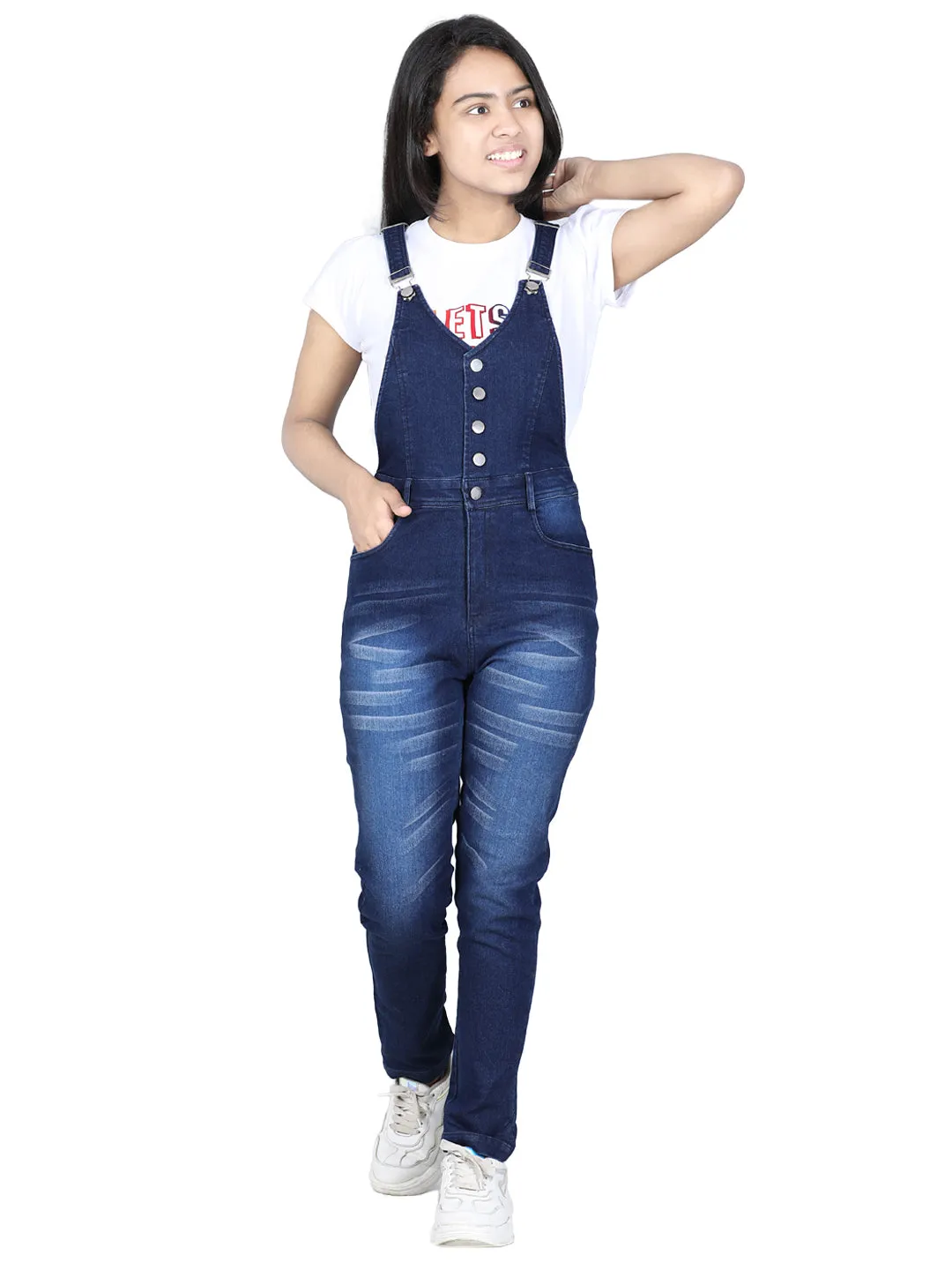Girl's  Navy Denim Dungaree With Front Buttons ( T Shirt Not Provided) - StyleStone Kid
