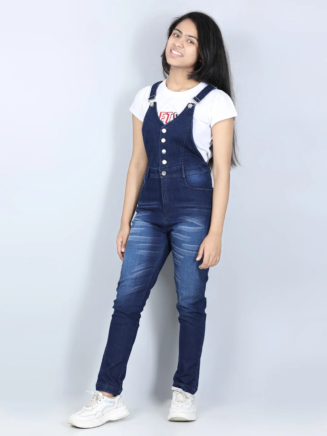 Girl's  Navy Denim Dungaree With Front Buttons ( T Shirt Not Provided) - StyleStone Kid