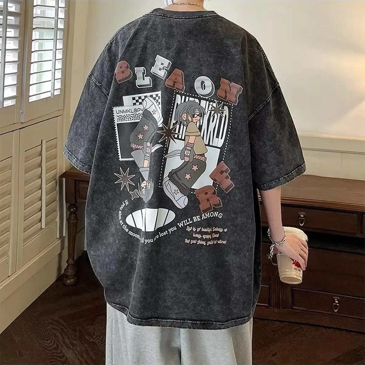 Gothic Short Sleeved T-Shirt, Men's Cartoon Anime Printed T-Shirt, Men's Retro Dark Hiphop high Street top