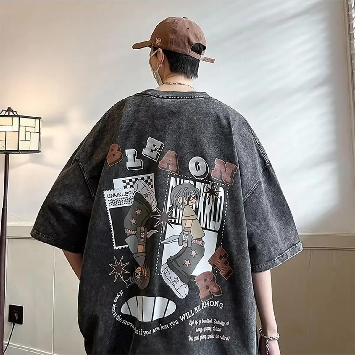 Gothic Short Sleeved T-Shirt, Men's Cartoon Anime Printed T-Shirt, Men's Retro Dark Hiphop high Street top