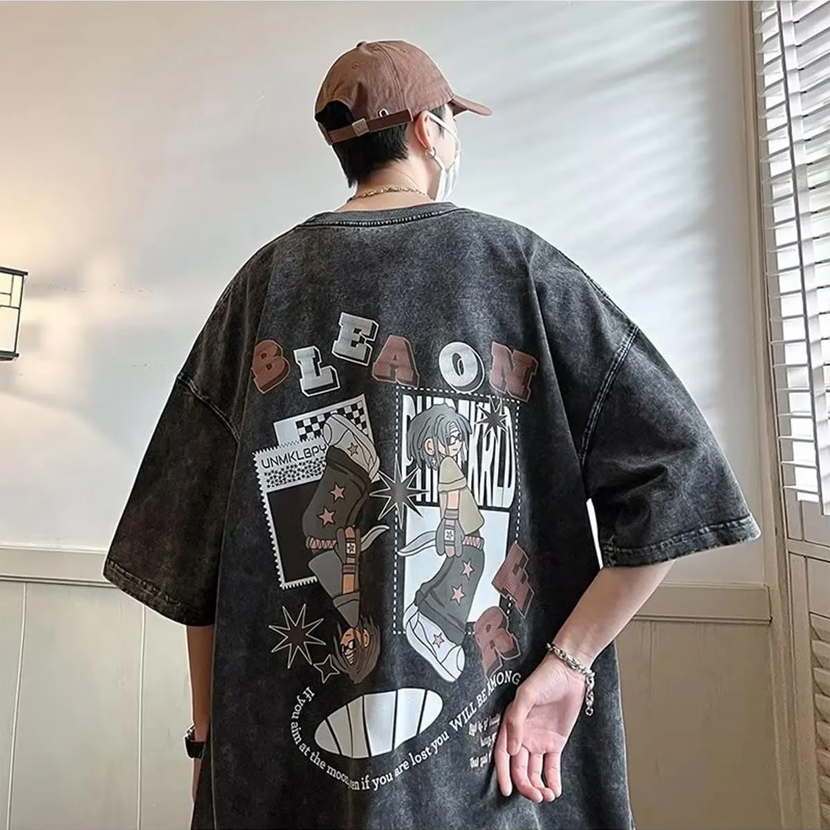 Gothic Short Sleeved T-Shirt, Men's Cartoon Anime Printed T-Shirt, Men's Retro Dark Hiphop high Street top