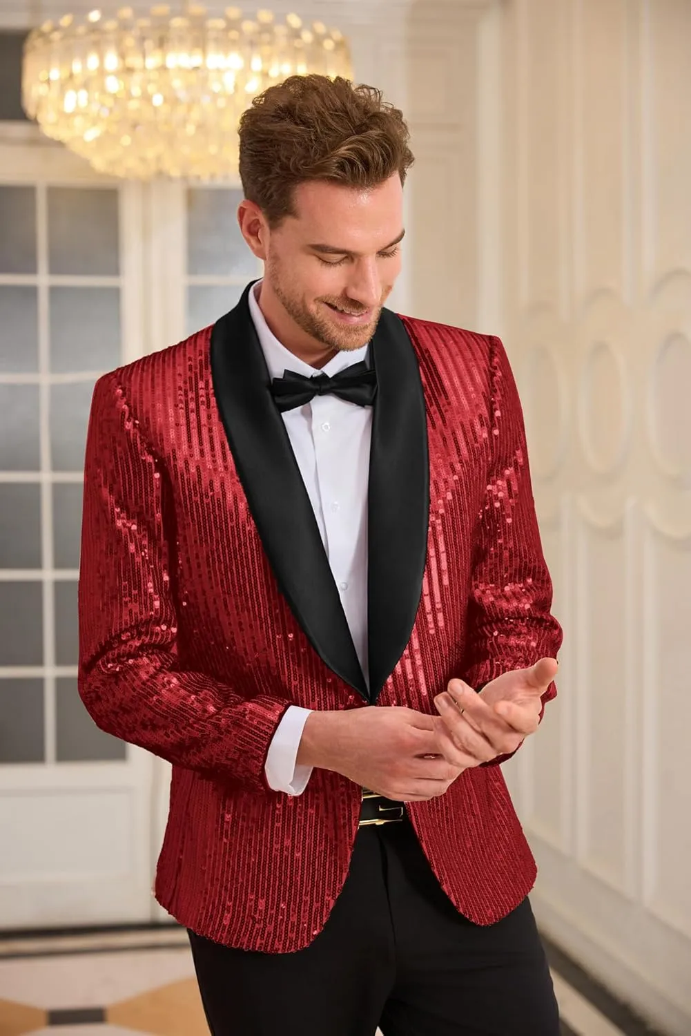 GRACE KARIN Mens Shiny Sequin Blazer One Button Suit Jacket Shawl Lapel Tuxedo Party Dinner Prom
