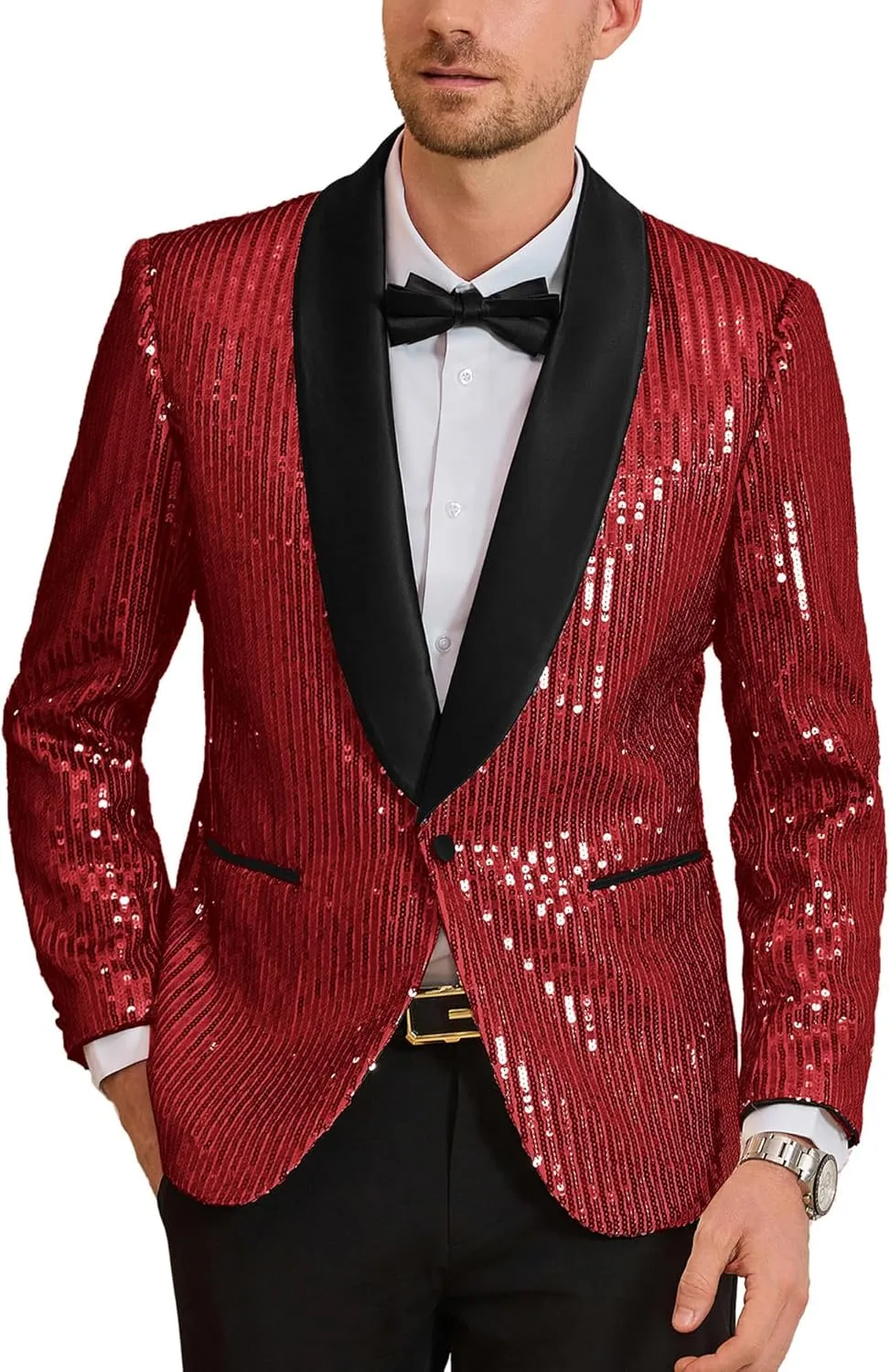 GRACE KARIN Mens Shiny Sequin Blazer One Button Suit Jacket Shawl Lapel Tuxedo Party Dinner Prom