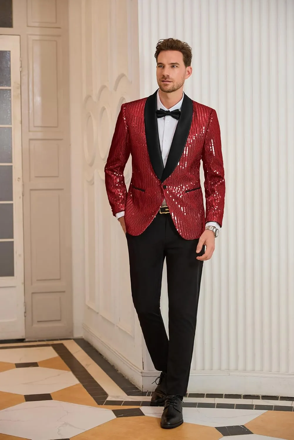 GRACE KARIN Mens Shiny Sequin Blazer One Button Suit Jacket Shawl Lapel Tuxedo Party Dinner Prom