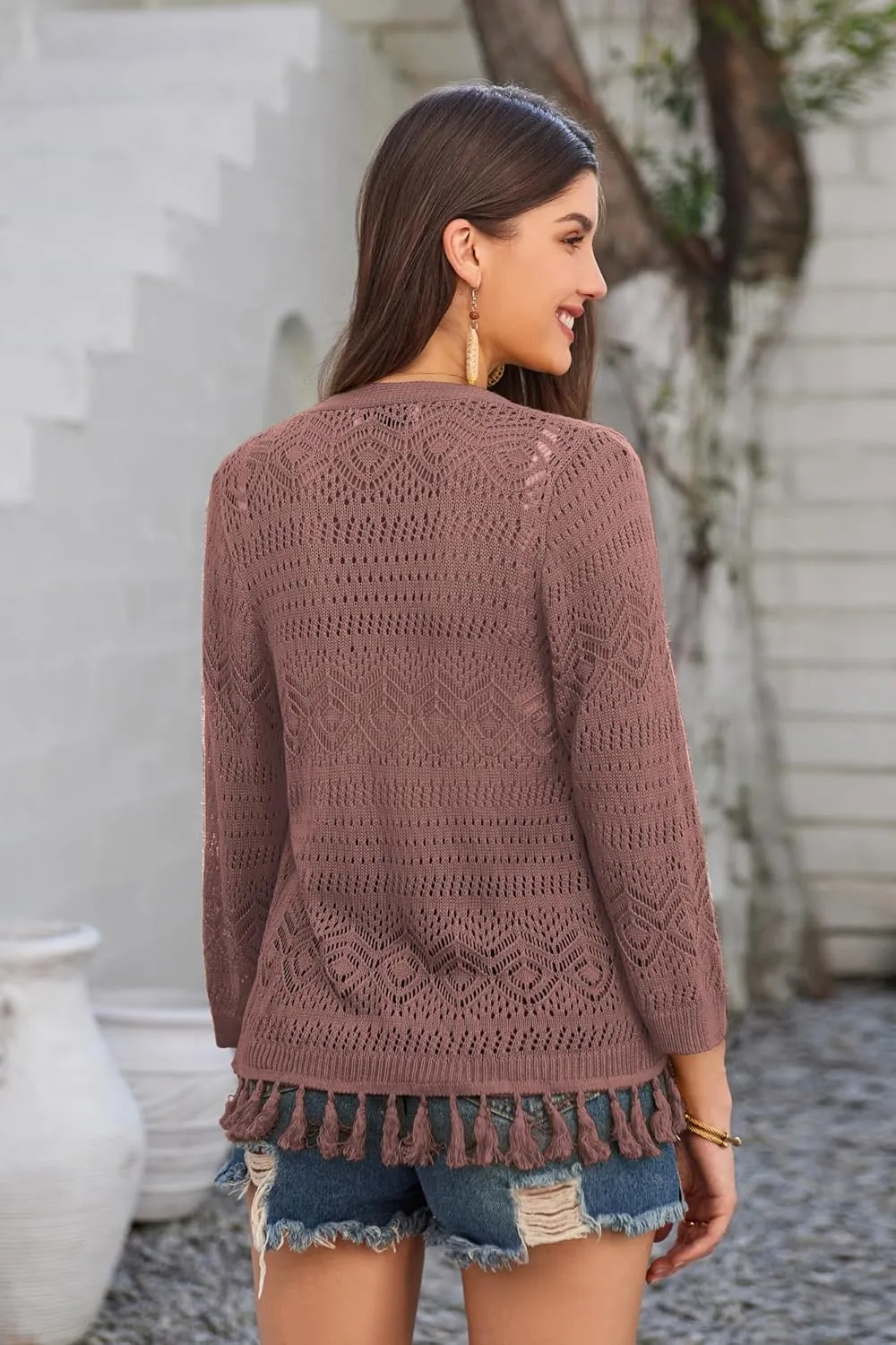 GRACE KARIN Women's 3/4 Sleeve V-Neck Boho Hollowed Out Crochet Knit Shrug Lightweight Cardigan Sweater with Tassels