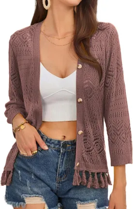 GRACE KARIN Women's 3/4 Sleeve V-Neck Boho Hollowed Out Crochet Knit Shrug Lightweight Cardigan Sweater with Tassels