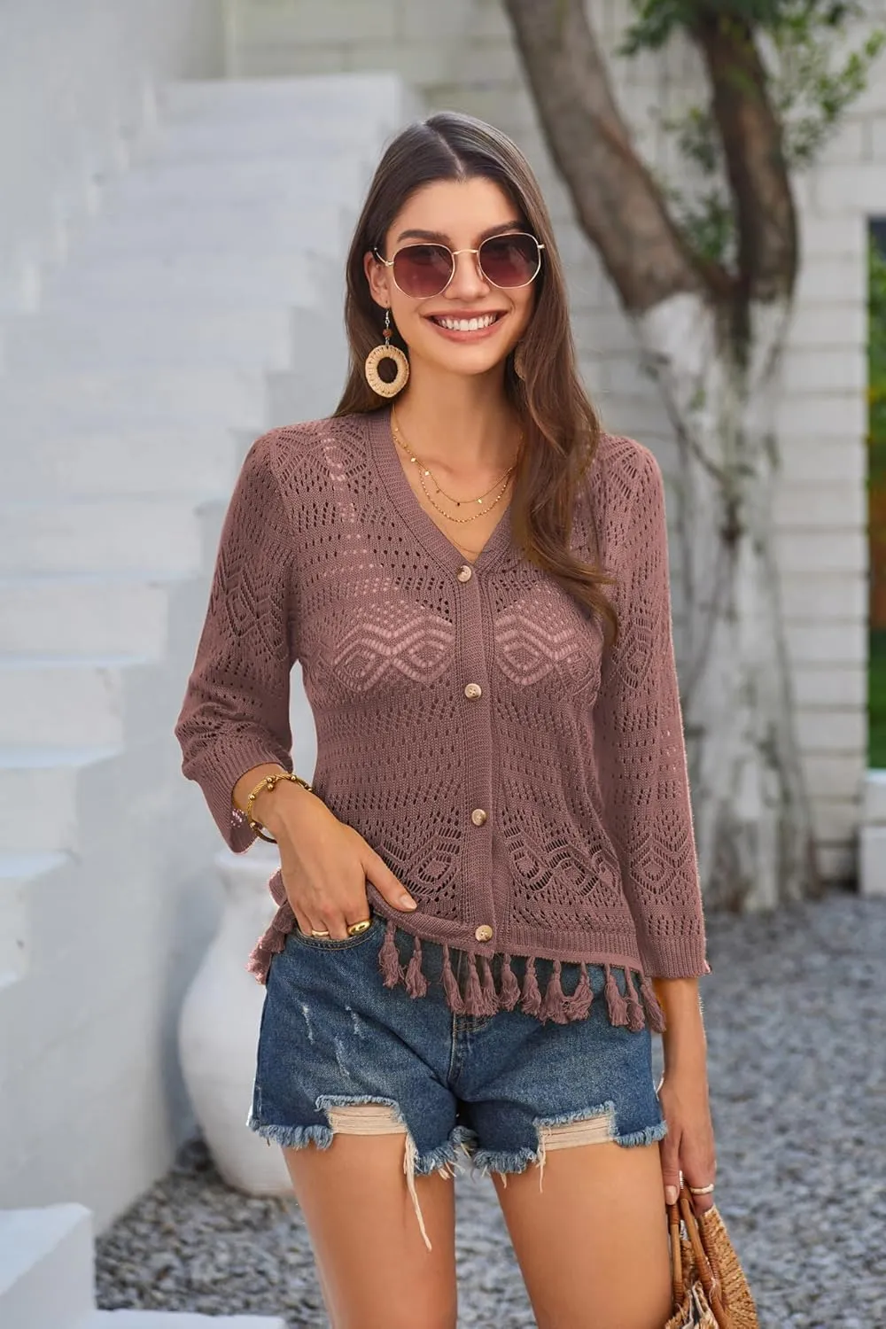 GRACE KARIN Women's 3/4 Sleeve V-Neck Boho Hollowed Out Crochet Knit Shrug Lightweight Cardigan Sweater with Tassels