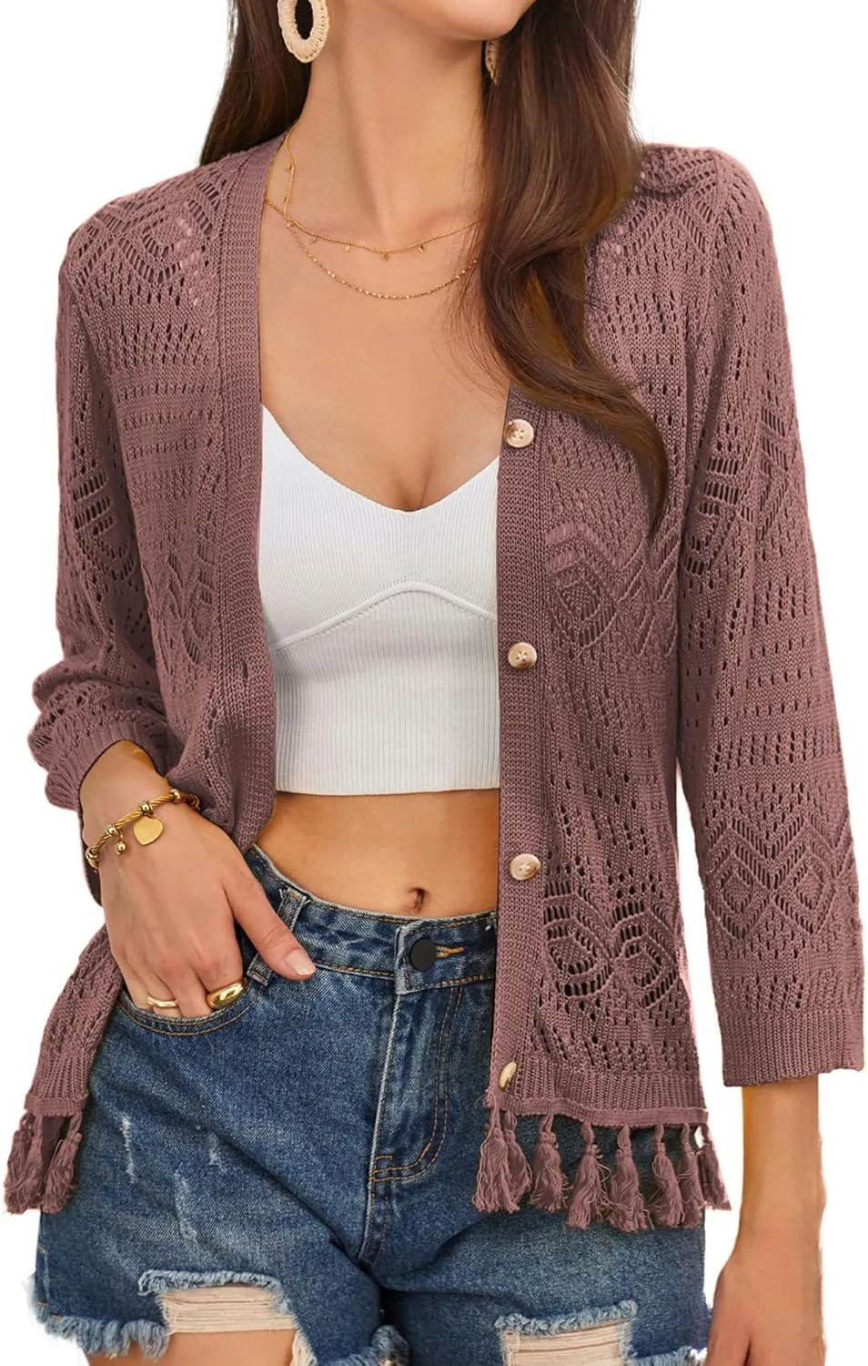 GRACE KARIN Women's 3/4 Sleeve V-Neck Boho Hollowed Out Crochet Knit Shrug Lightweight Cardigan Sweater with Tassels