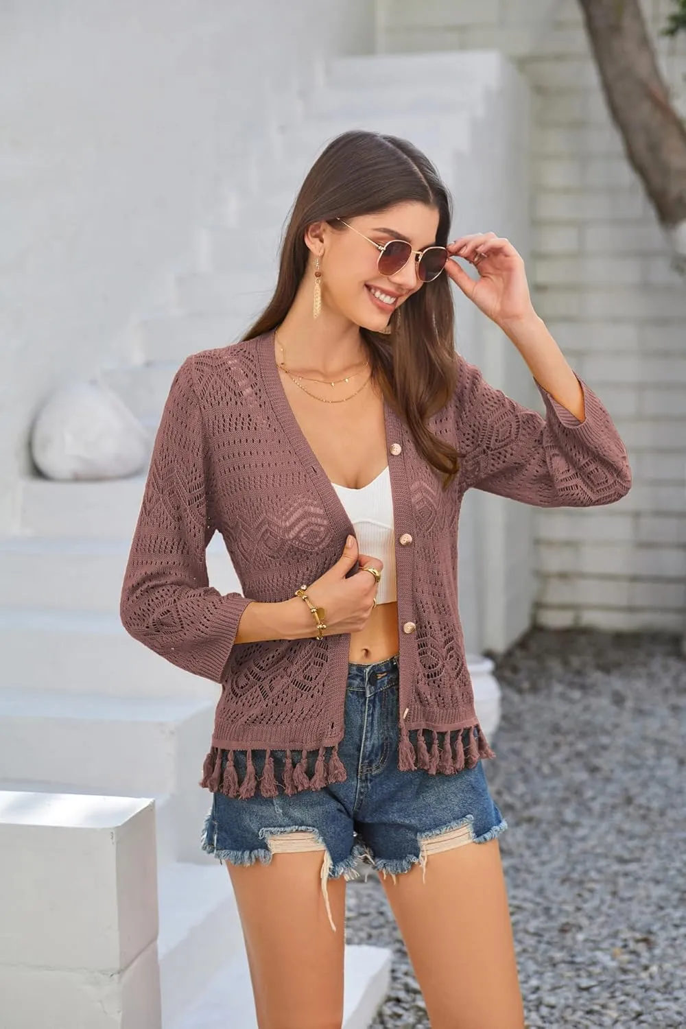 GRACE KARIN Women's 3/4 Sleeve V-Neck Boho Hollowed Out Crochet Knit Shrug Lightweight Cardigan Sweater with Tassels