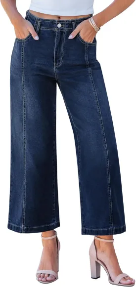 GRAPENT Wide Leg Jeans Woman Trendy Cropped High Waisted Front Seam Casual Stretchy Denim Trouser Jeans with Pockets