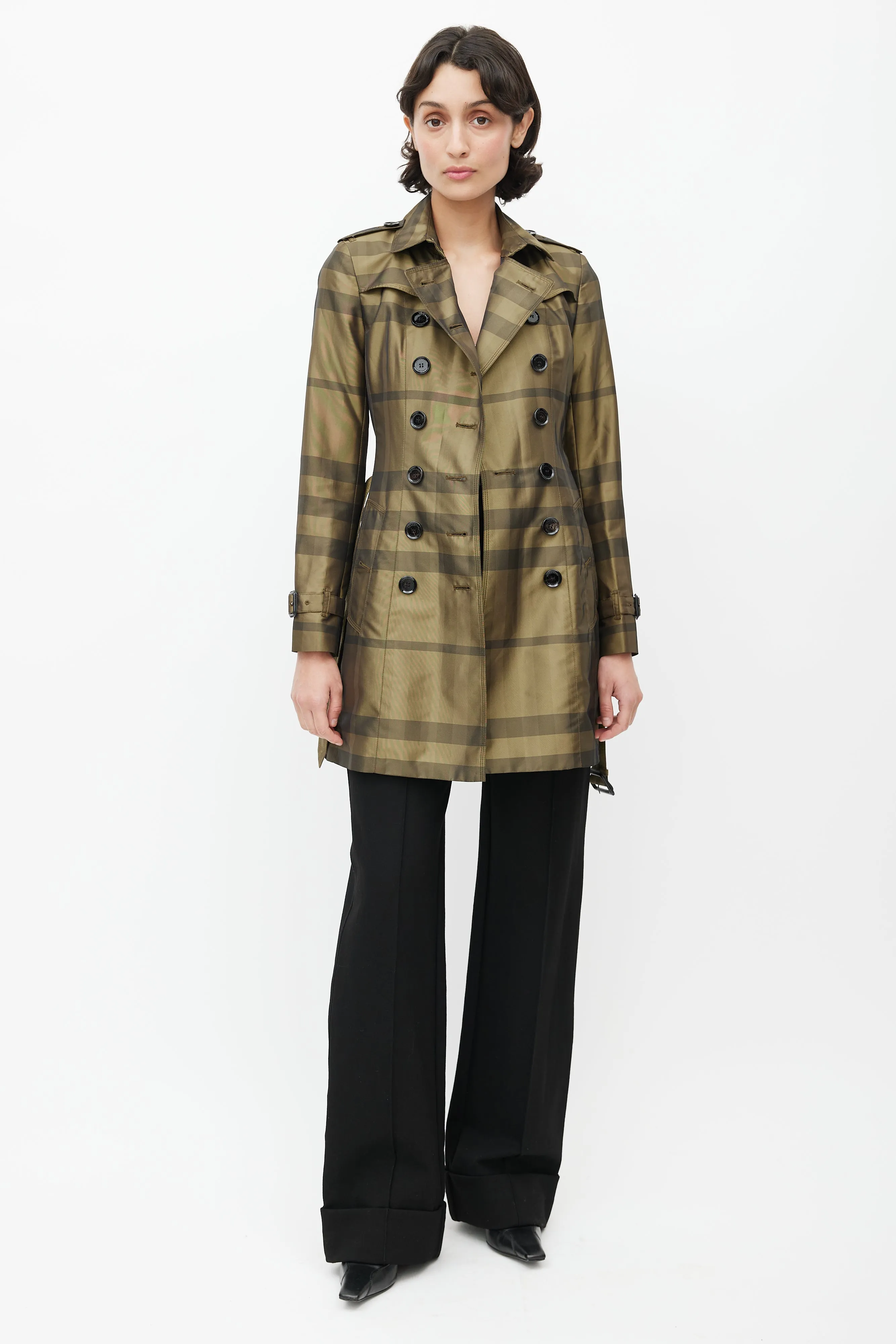 Green & Black Plaid Double Breasted Trench Coat