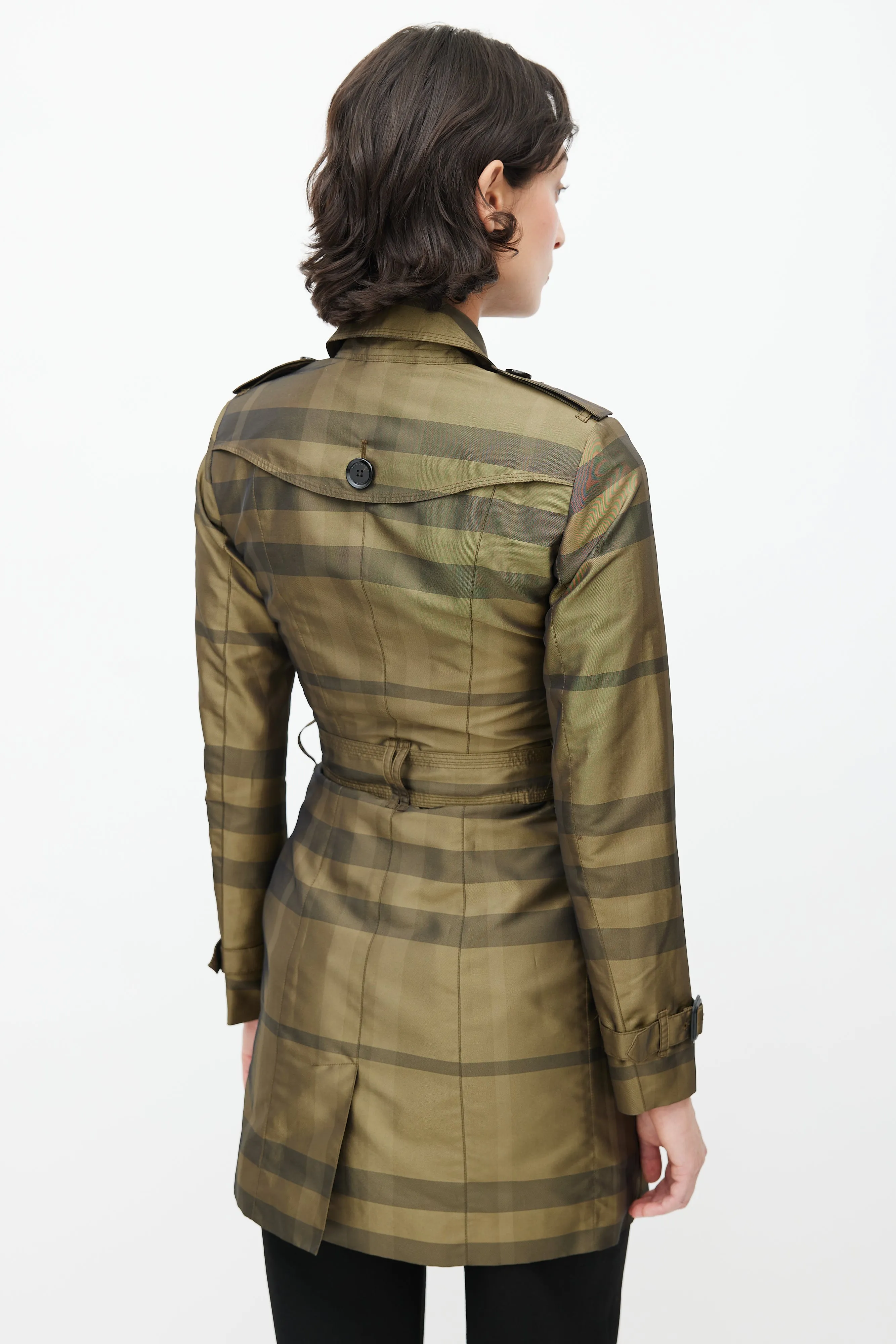 Green & Black Plaid Double Breasted Trench Coat
