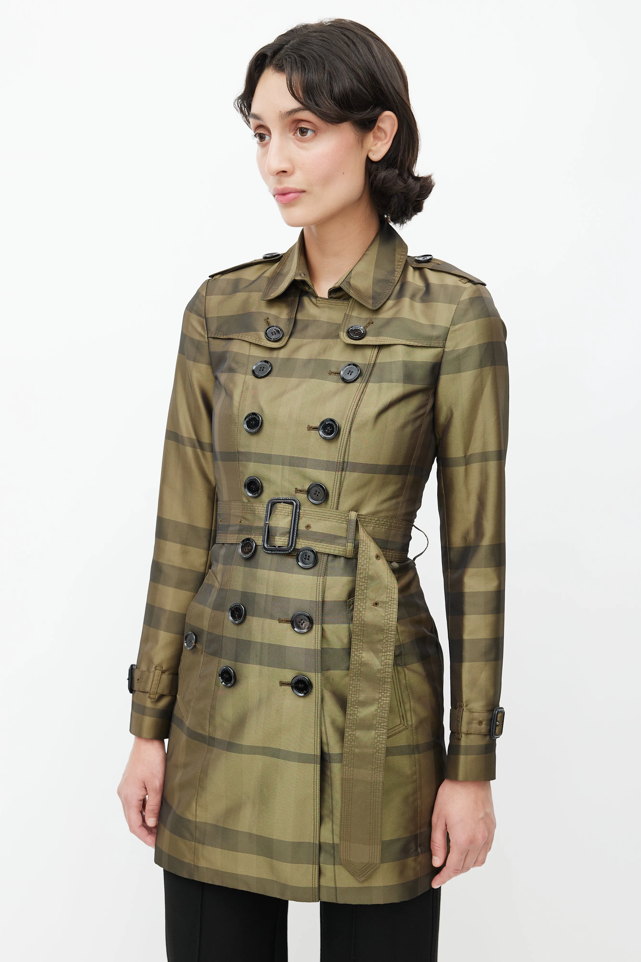 Green & Black Plaid Double Breasted Trench Coat