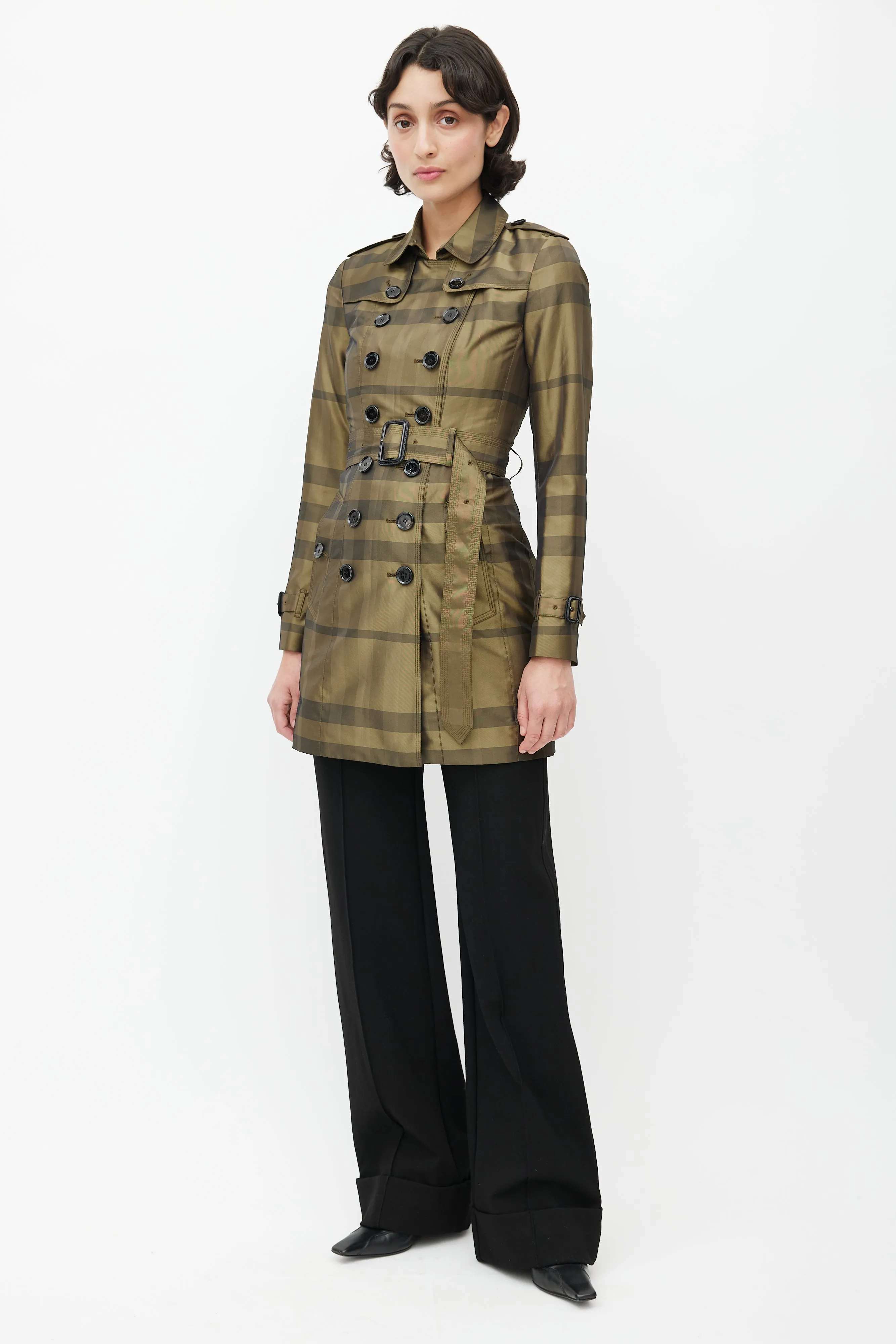 Green & Black Plaid Double Breasted Trench Coat