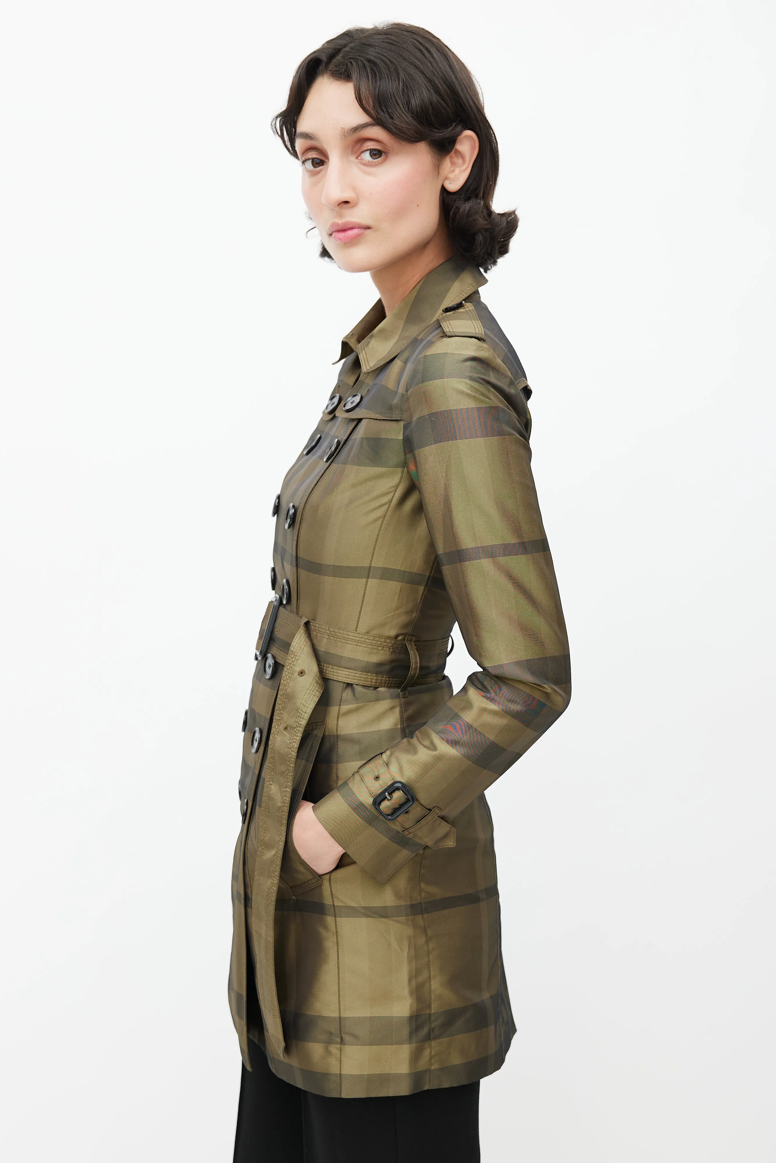 Green & Black Plaid Double Breasted Trench Coat