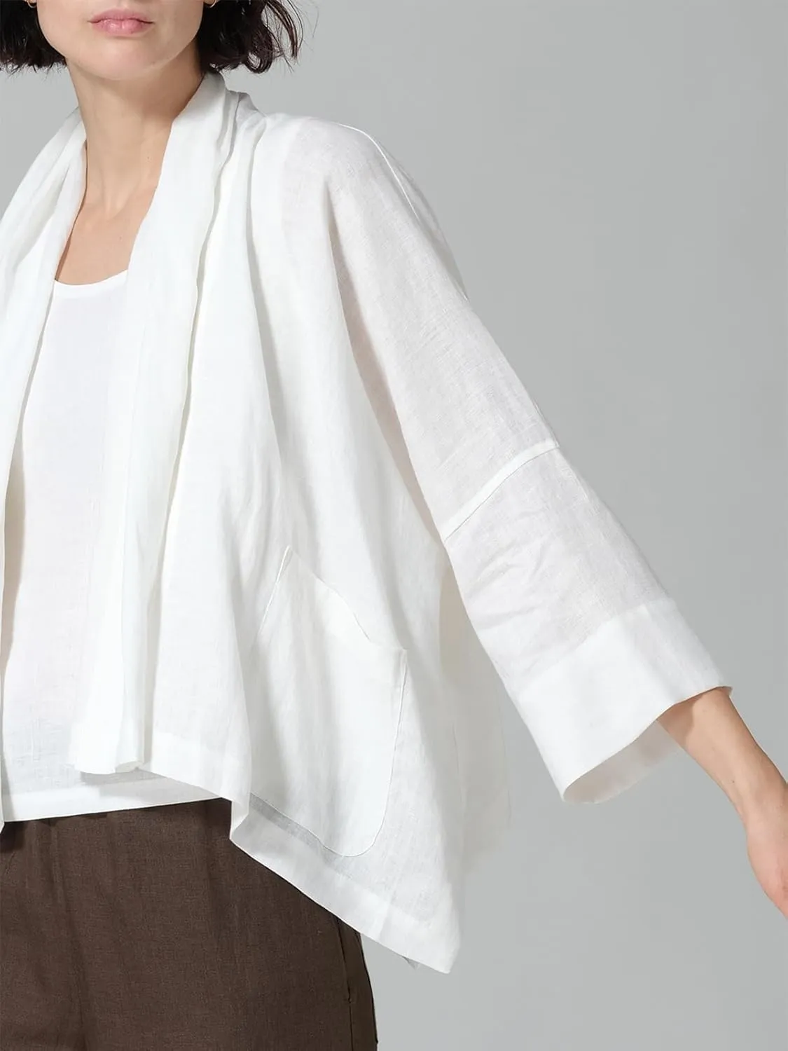 IDEALSANXUN Linen Summer Cardigans for Women Lightweight 3/4 Sleeve Shrugs Blazer Jackets Kimono Dress Cover Up Tops
