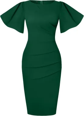 IHOT 2024 Women's Vintage Ruffle Short Sleeve Ruched Bodycon Cocktail Party Work Dress
