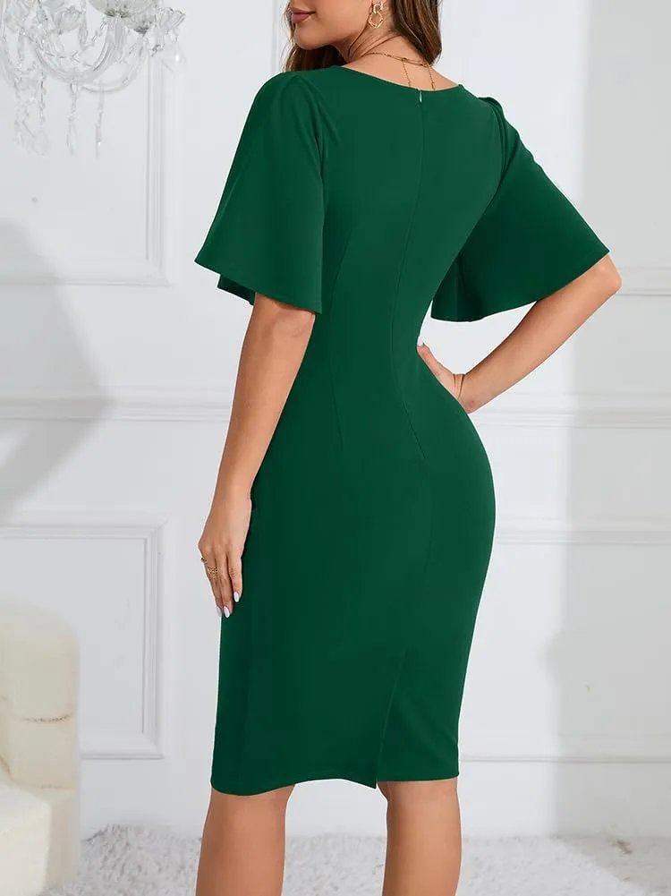 IHOT 2024 Women's Vintage Ruffle Short Sleeve Ruched Bodycon Cocktail Party Work Dress