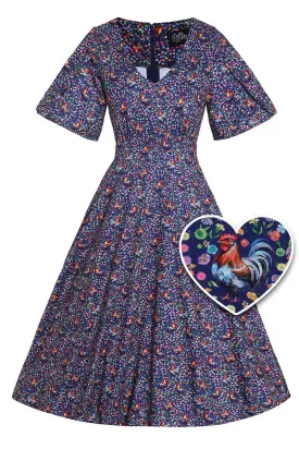 Janice Purple Sleeved Tea Dress in Rooster Floral Print