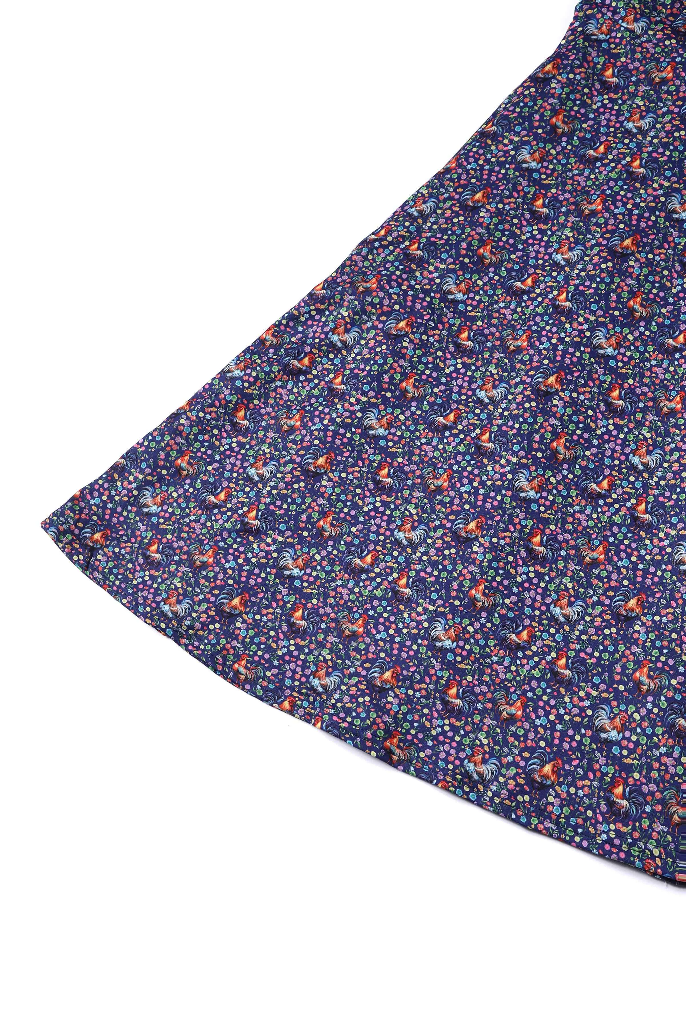 Janice Purple Sleeved Tea Dress in Rooster Floral Print