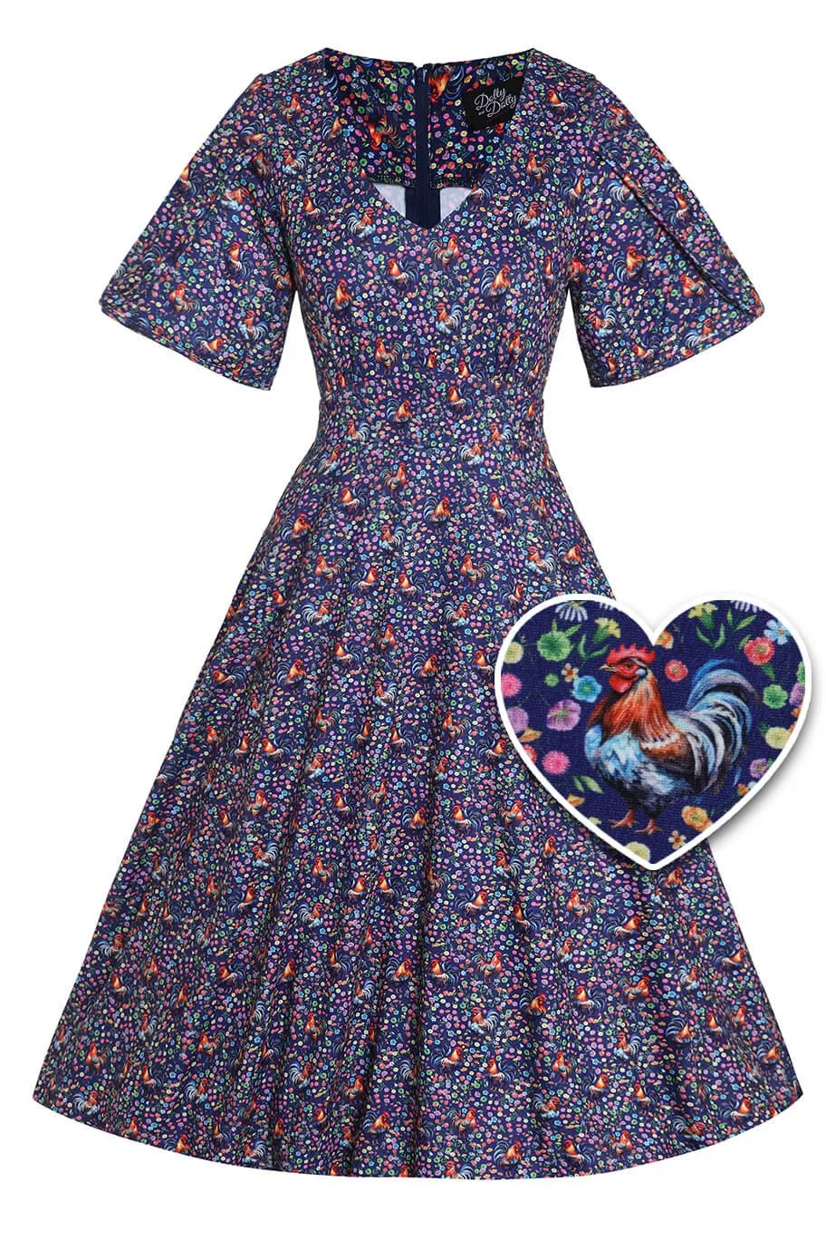 Janice Purple Sleeved Tea Dress in Rooster Floral Print