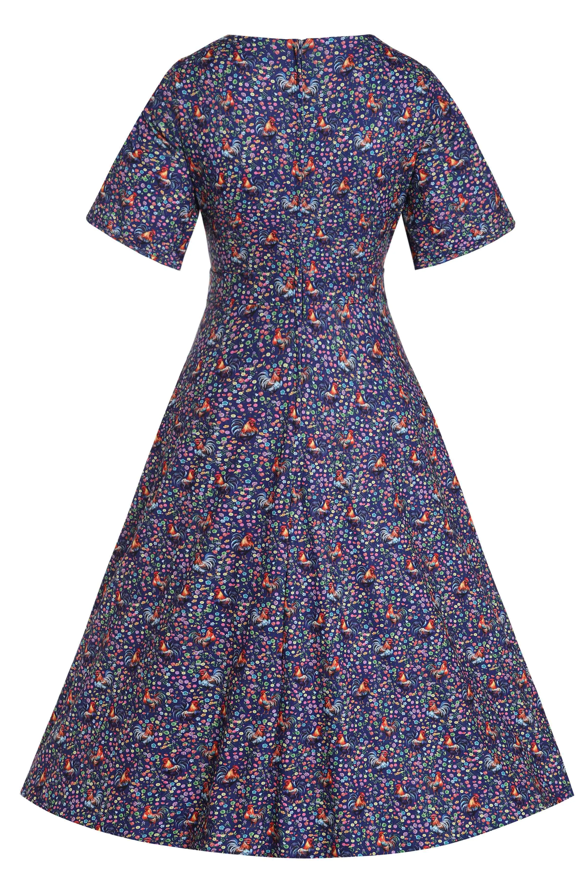 Janice Purple Sleeved Tea Dress in Rooster Floral Print