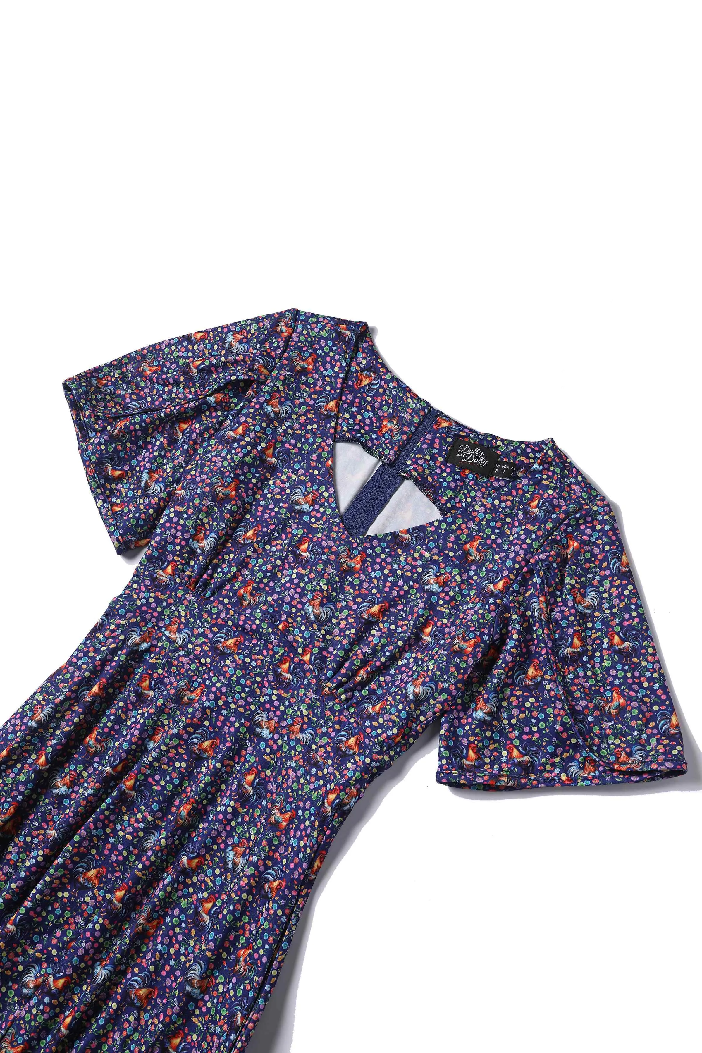 Janice Purple Sleeved Tea Dress in Rooster Floral Print