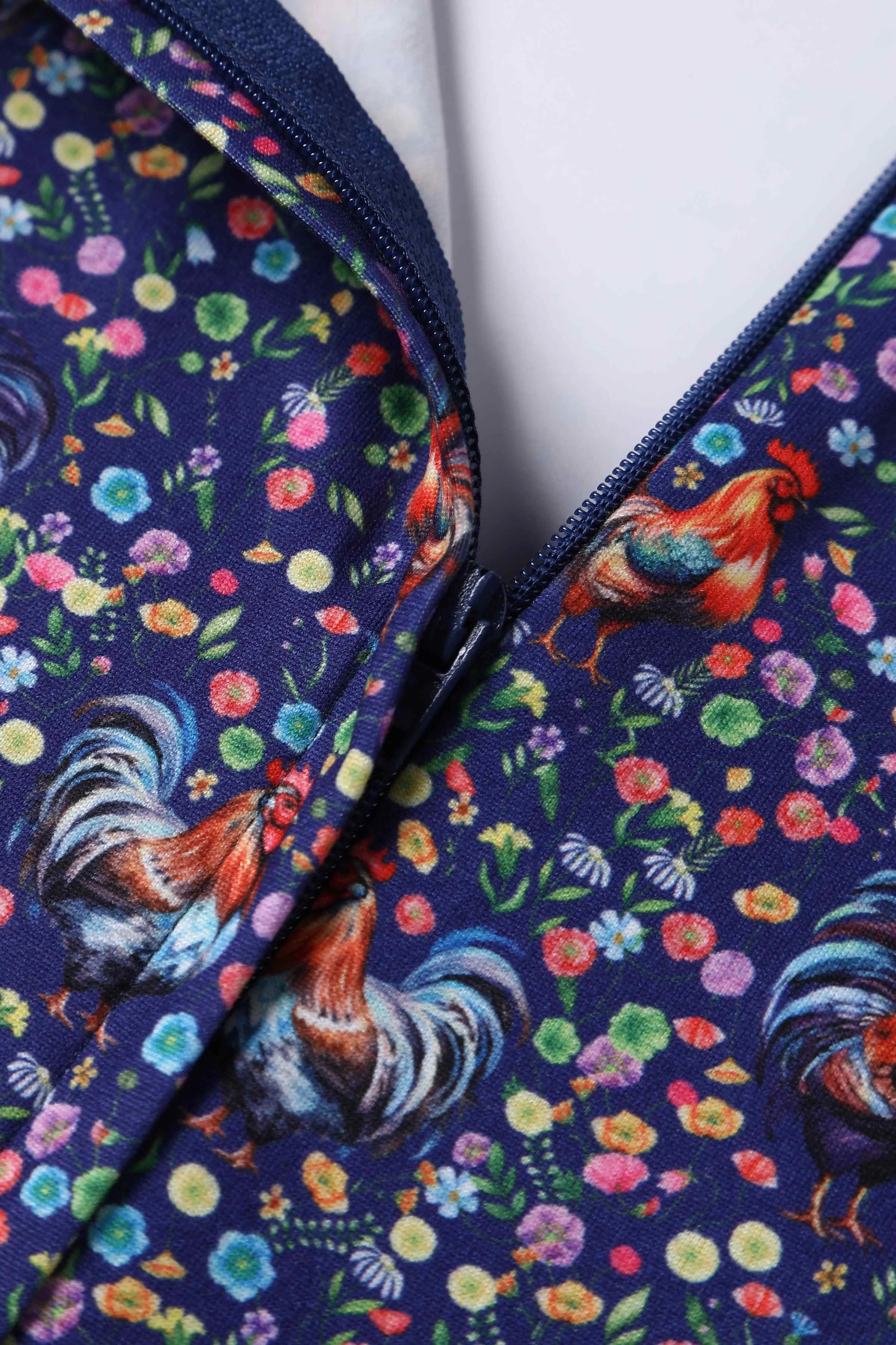 Janice Purple Sleeved Tea Dress in Rooster Floral Print