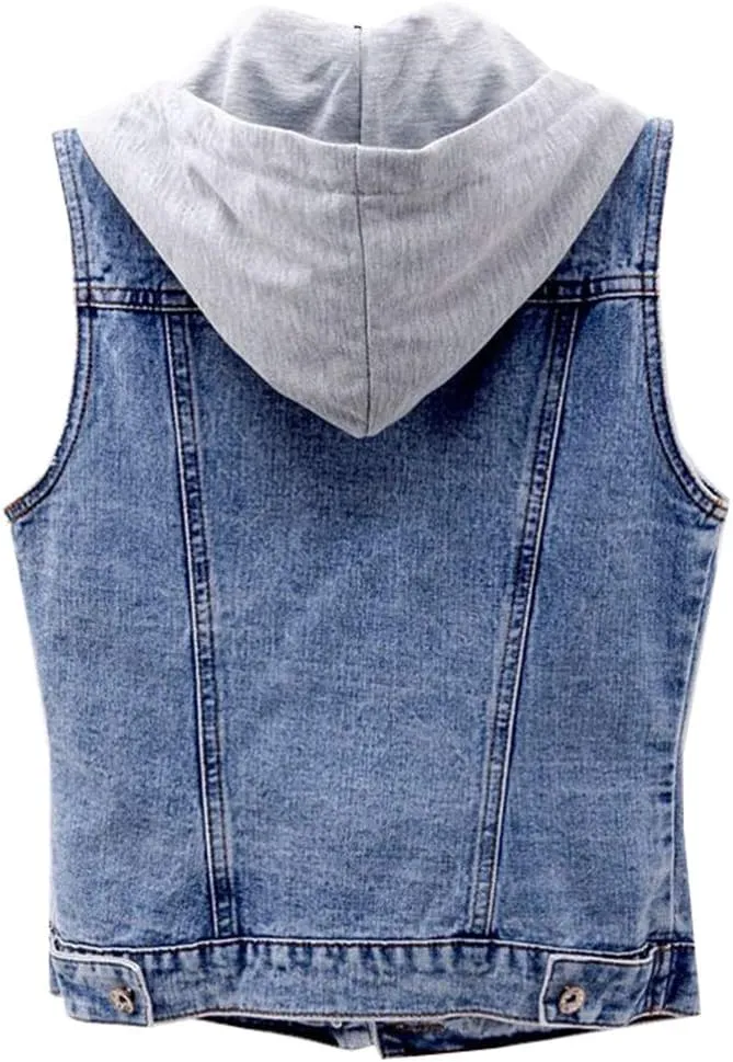 Kedera Women's Distressed Sleeveless Denim Vest with Detachable Hoodie