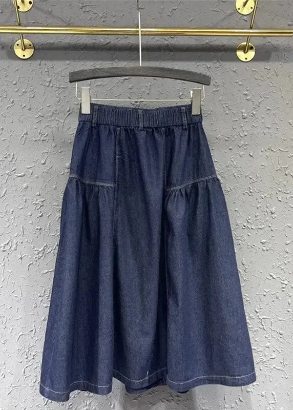 Loose Denim Blue Patchwork Button Elastic Waist A Line Skirt ML0766
