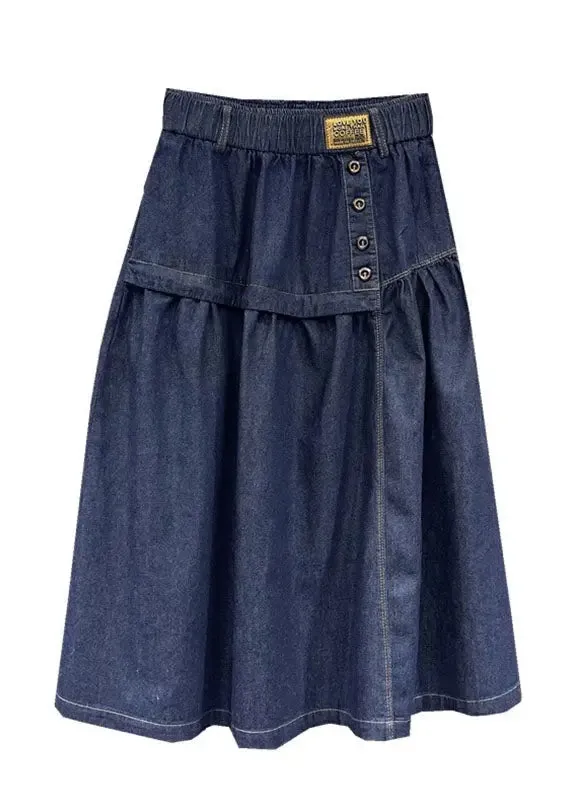 Loose Denim Blue Patchwork Button Elastic Waist A Line Skirt ML0766