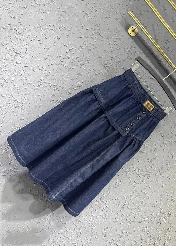 Loose Denim Blue Patchwork Button Elastic Waist A Line Skirt ML0766