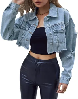 loveimgs Women's Cropped Distressed Button Down Denim Jacket Ripped Frayed Hem Jean Jacket Coat