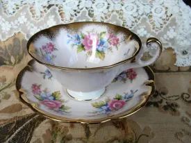 LOVELY EB Foley English Bone China Sumptuous Cabinet Teacup and Saucer Pink Teacup, Pink Blue Flowers, Lavish Gold,Luxurious Cup and Saucer
