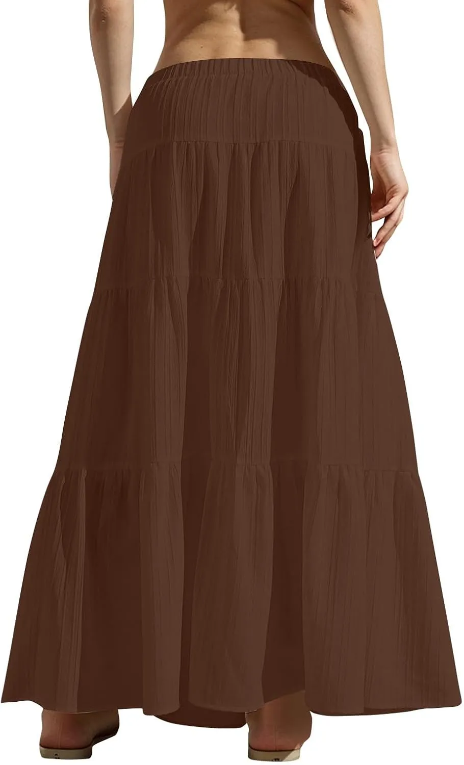 Maxi Skirts for Women Flowy Drawstring Elastic Waist Tiered Ruffle Hem Skort Summer Casual Solid Color A Line Skirt